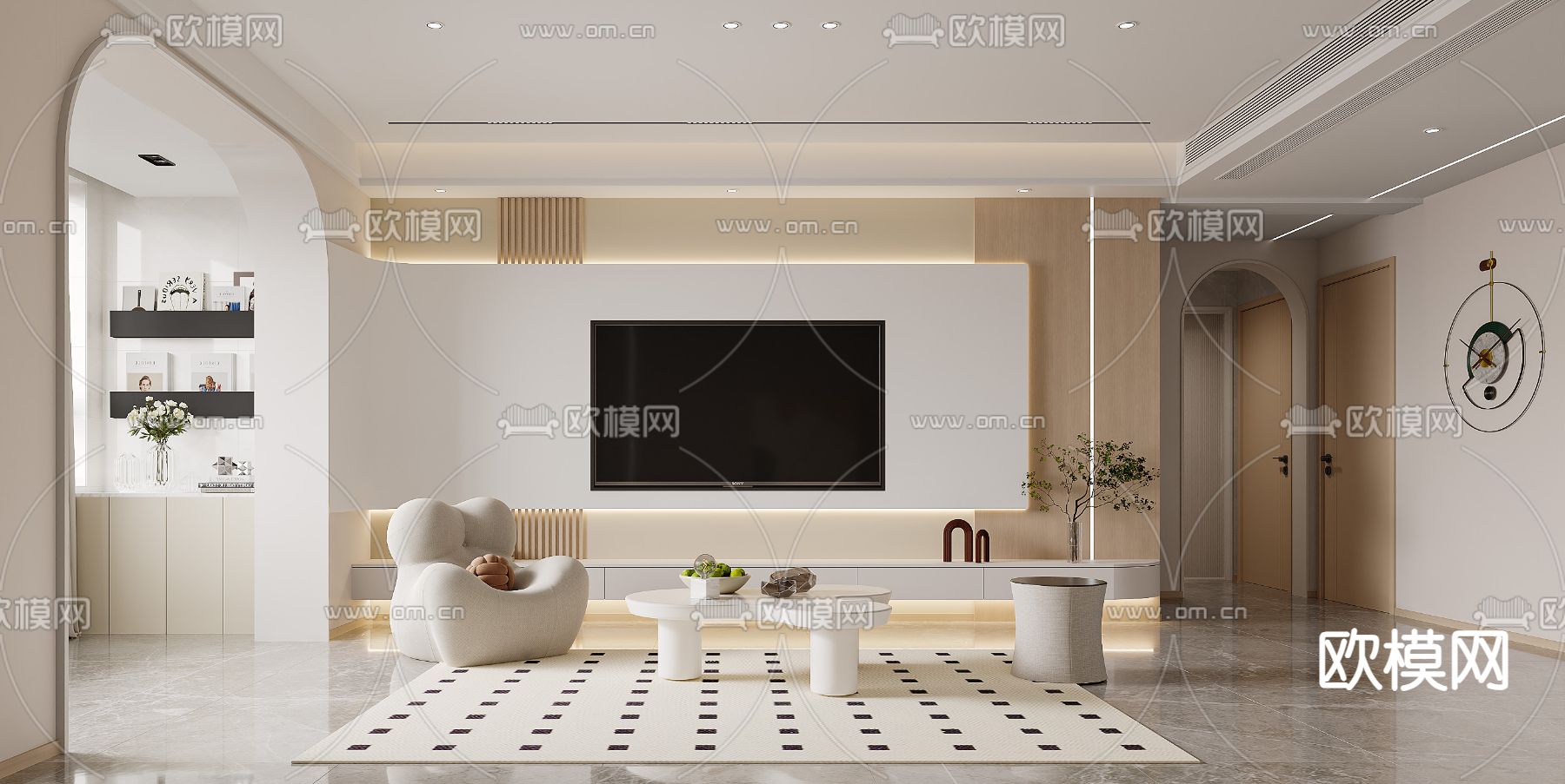 奶油风客餐厅3d模型下载（渲染图2）