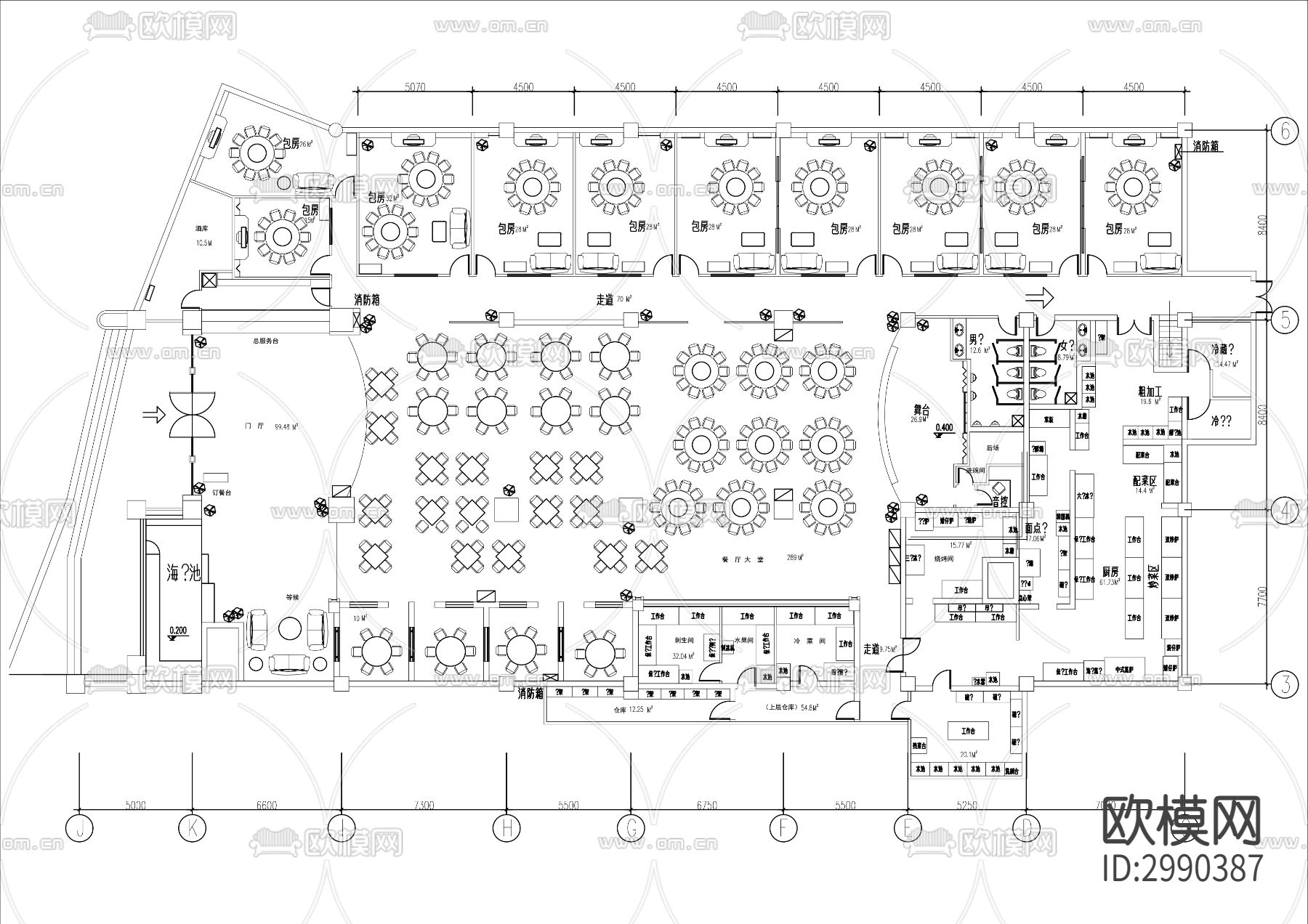 1200㎡酒楼餐厅cad平面图下载（渲染图1）