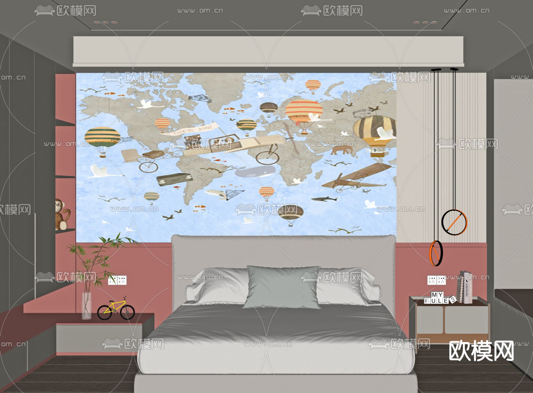 儿童床头背景墙su模型下载（渲染图1）