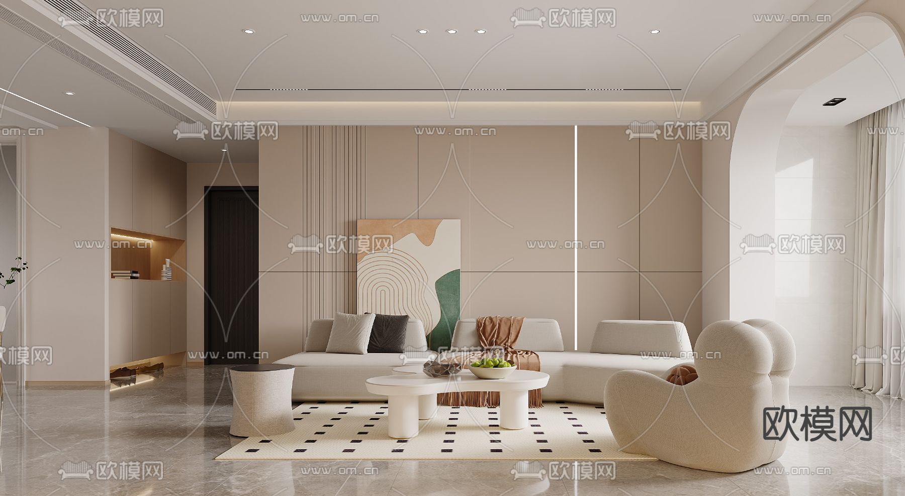 奶油风客餐厅3d模型下载（渲染图1）