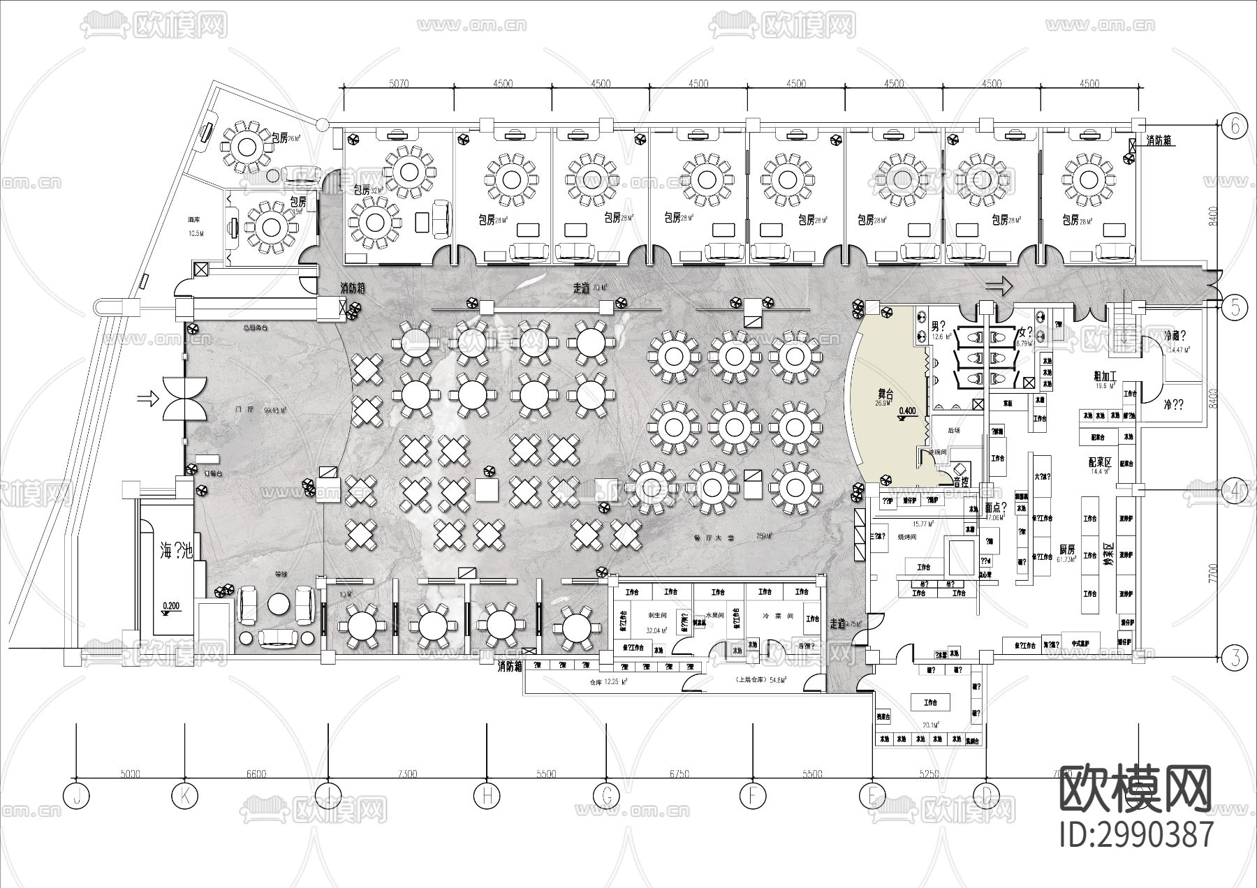 1200㎡酒楼餐厅cad平面图下载（渲染图2）