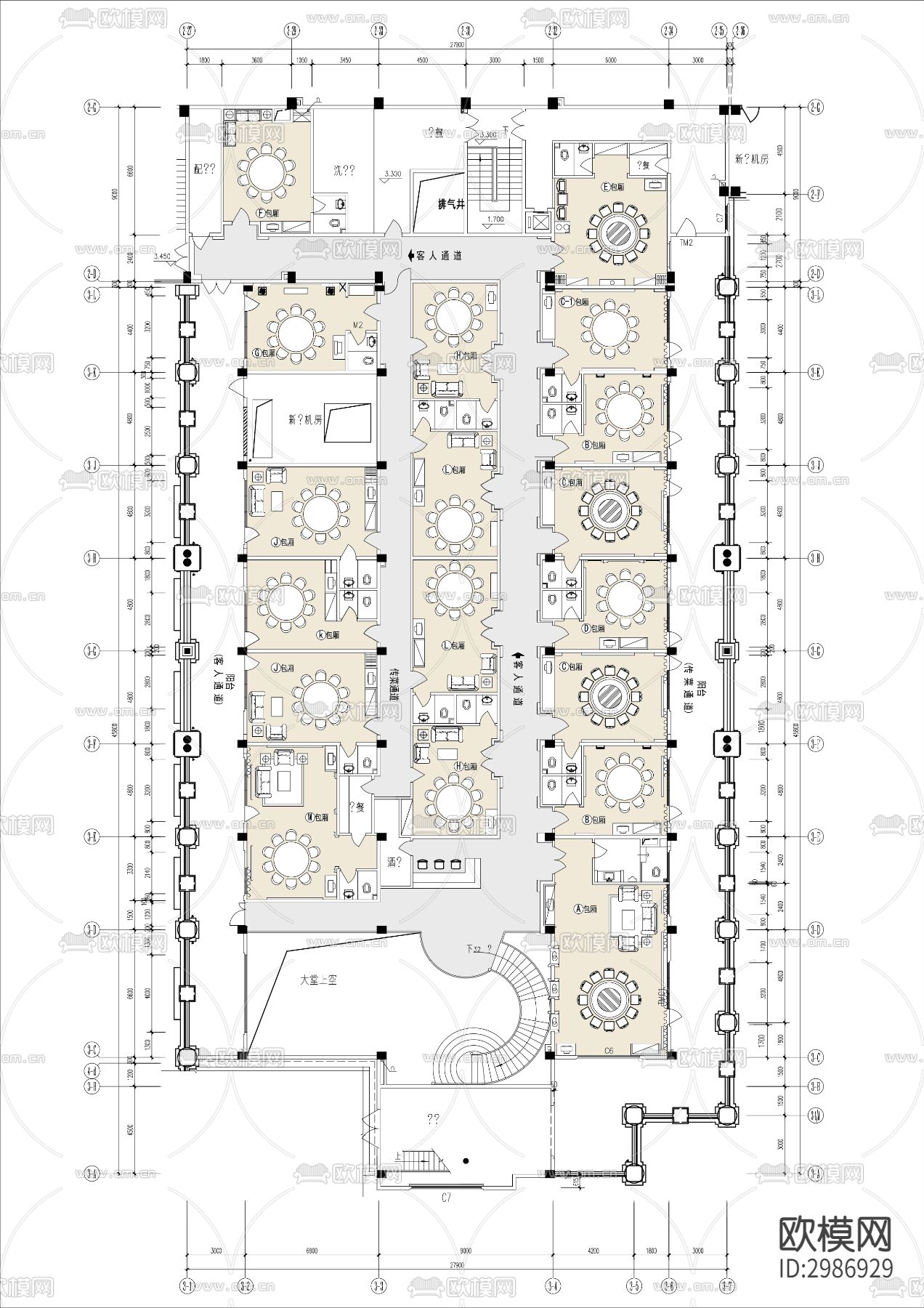 酒店餐厅包房cad平面图下载