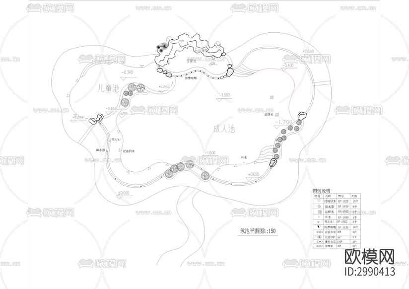 异形游泳池cad施工图下载(渲染图2)
