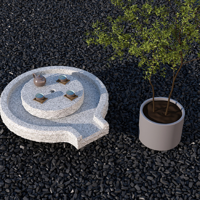 新中式园林小景 石磨茶台su模型