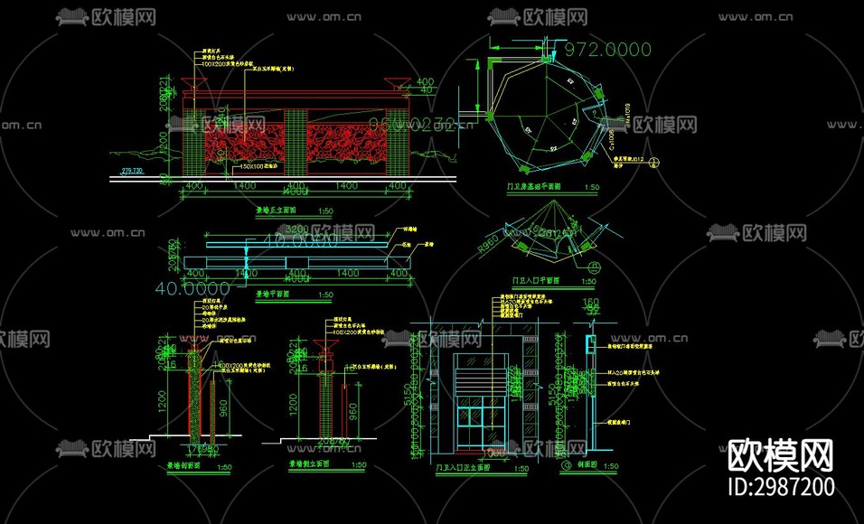 外墻 圍墻cad施工圖下載(渲染圖9)