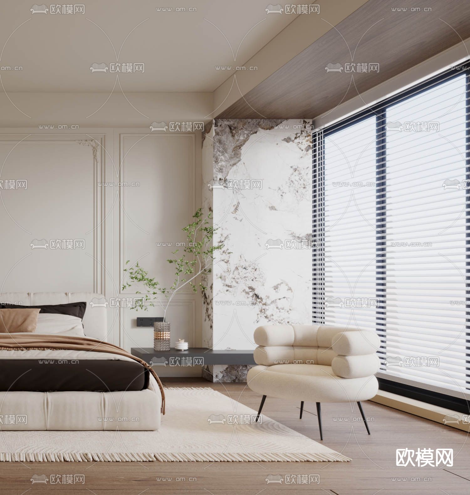 奶油风卧室 主卧 主人房3d模型下载（渲染图3）