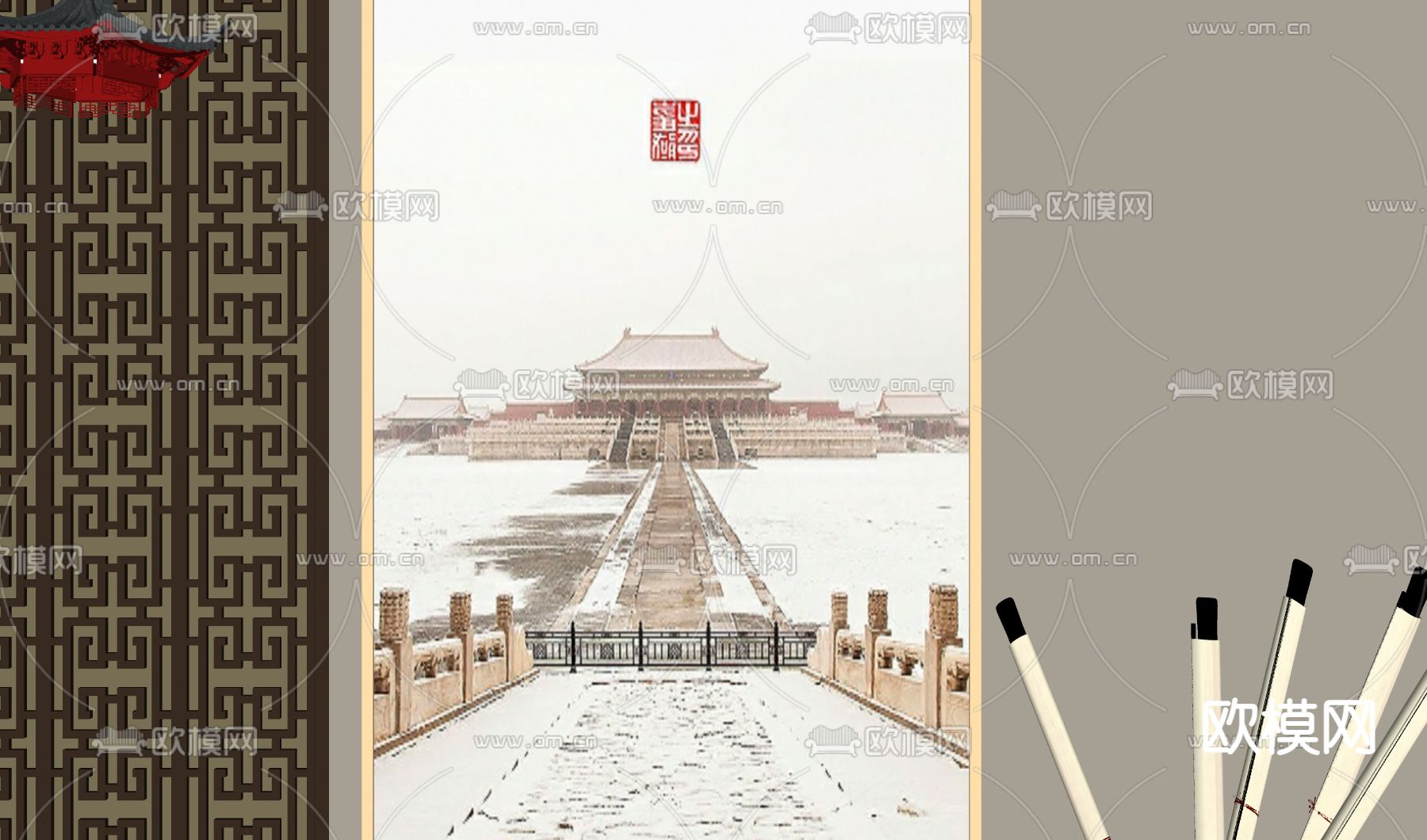 新中式建筑画 挂画 装饰画su模型下载（渲染图2）