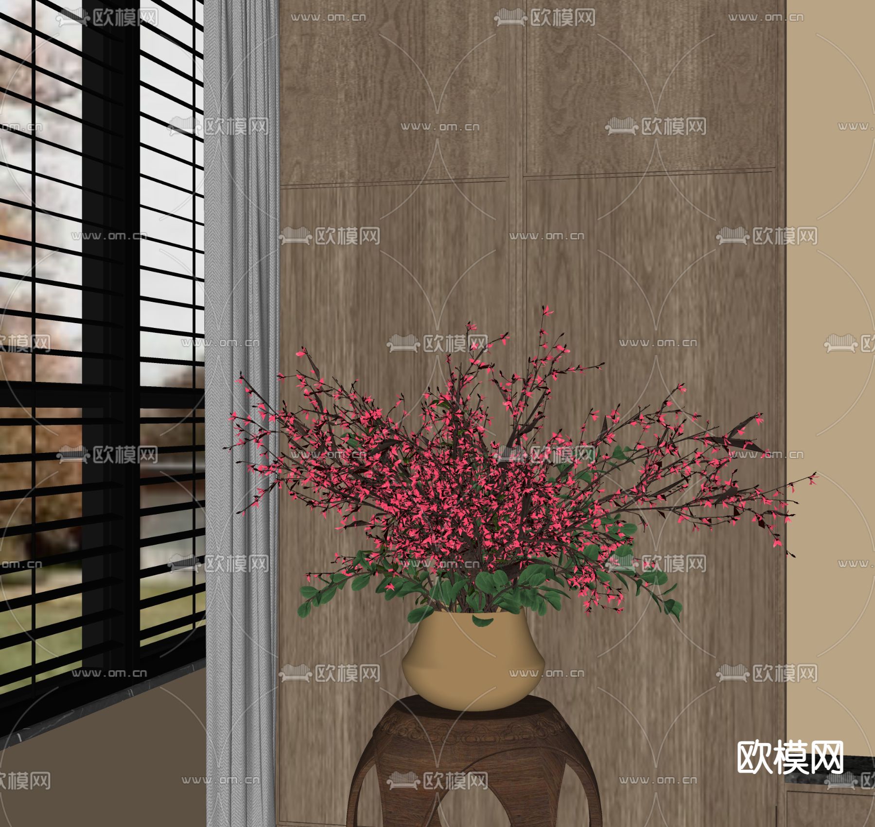 新中式花瓶 花艺 红花插花su模型