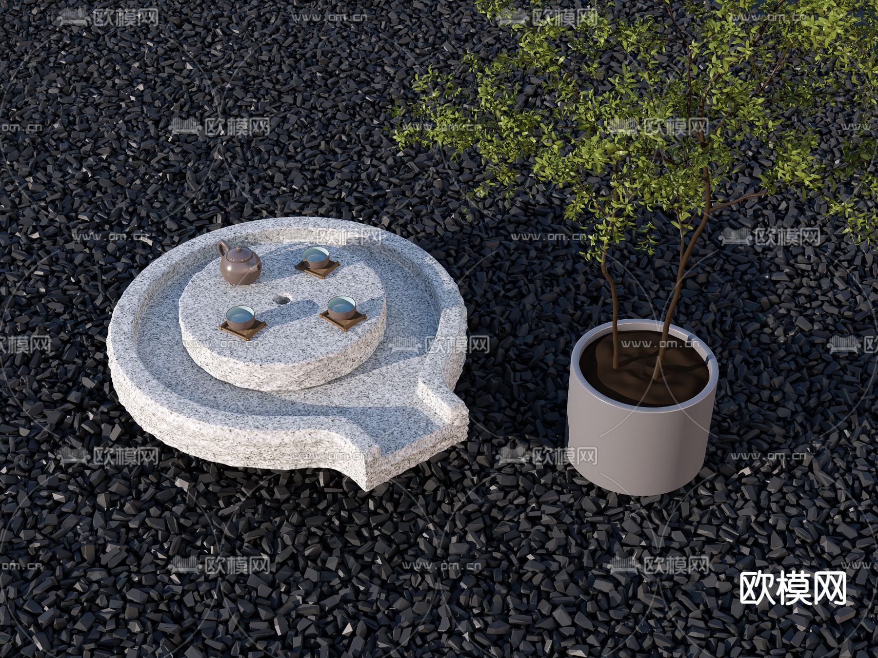 新中式园林小景 石磨茶台su模型