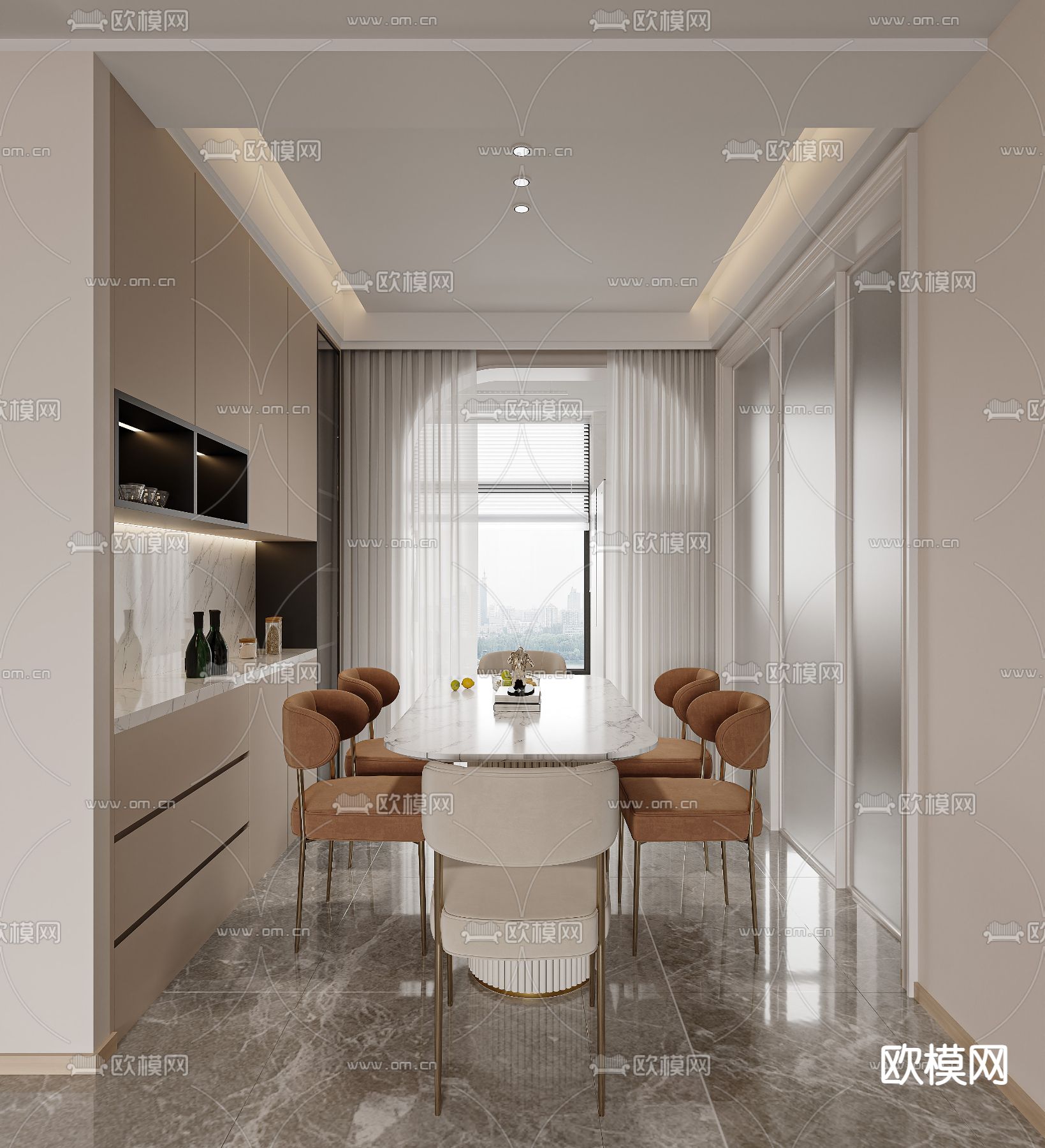 奶油风客餐厅3d模型下载（渲染图3）