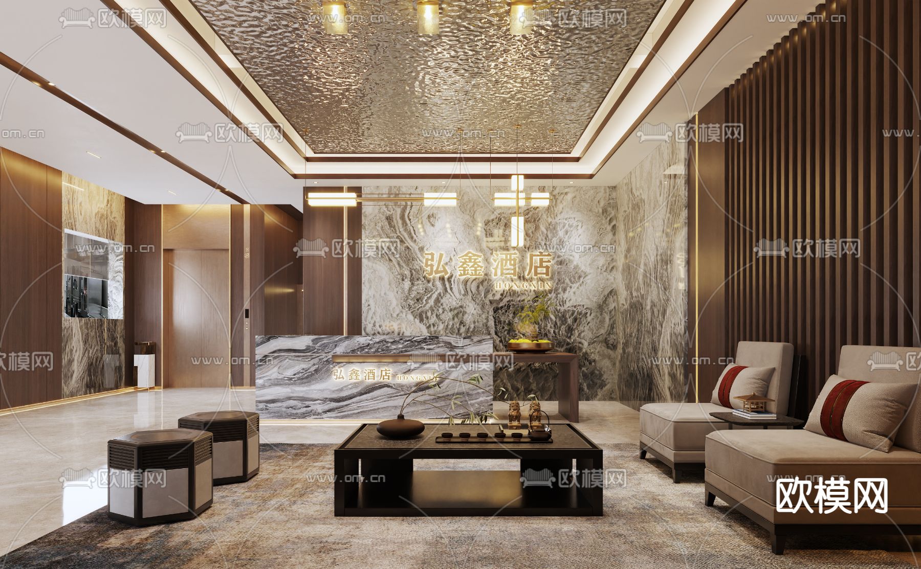 新中式酒店大堂 接待区3d模型下载（渲染图2）