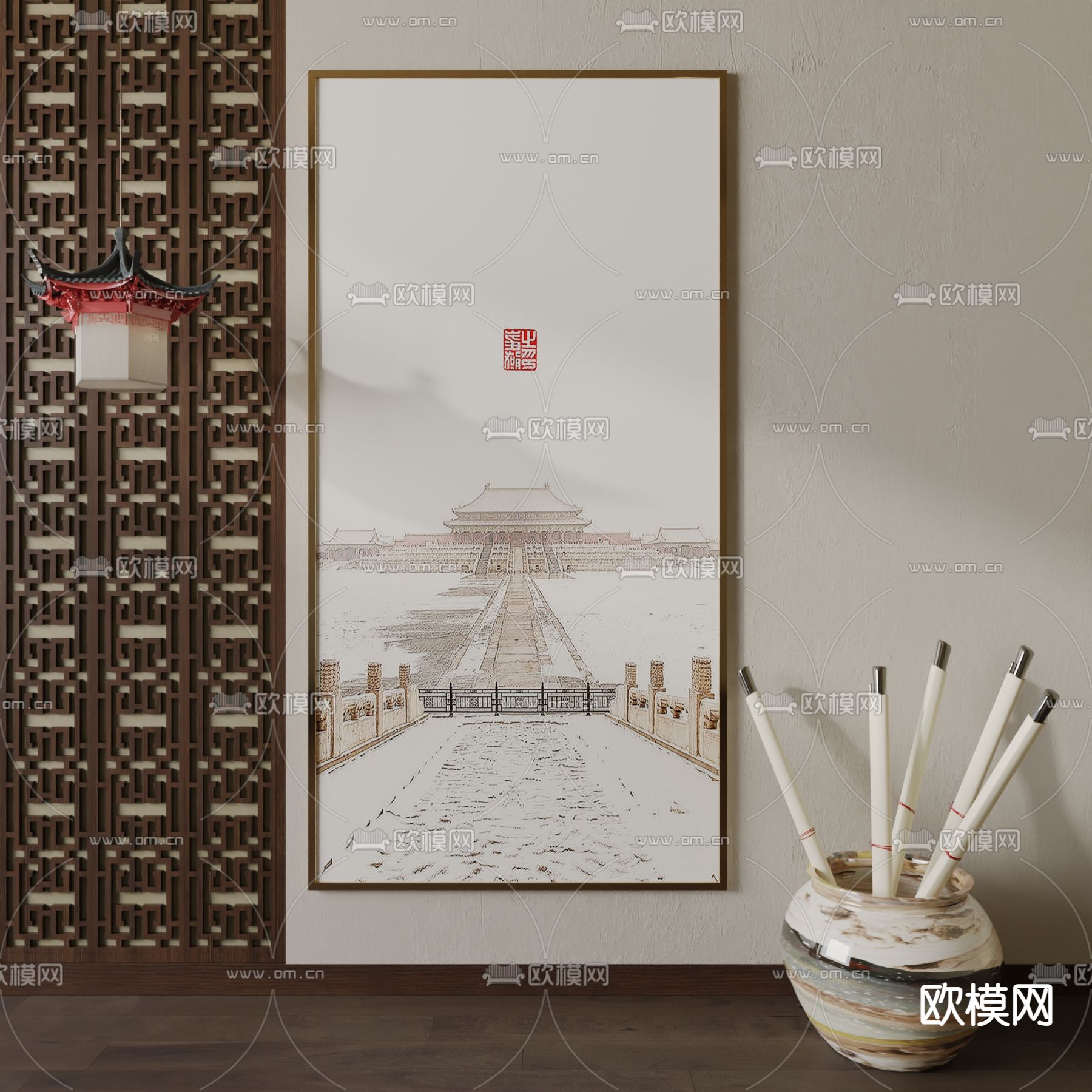 新中式建筑画 挂画 装饰画su模型下载（渲染图1）