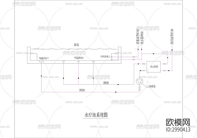 异形游泳池cad施工图下载(渲染图4)