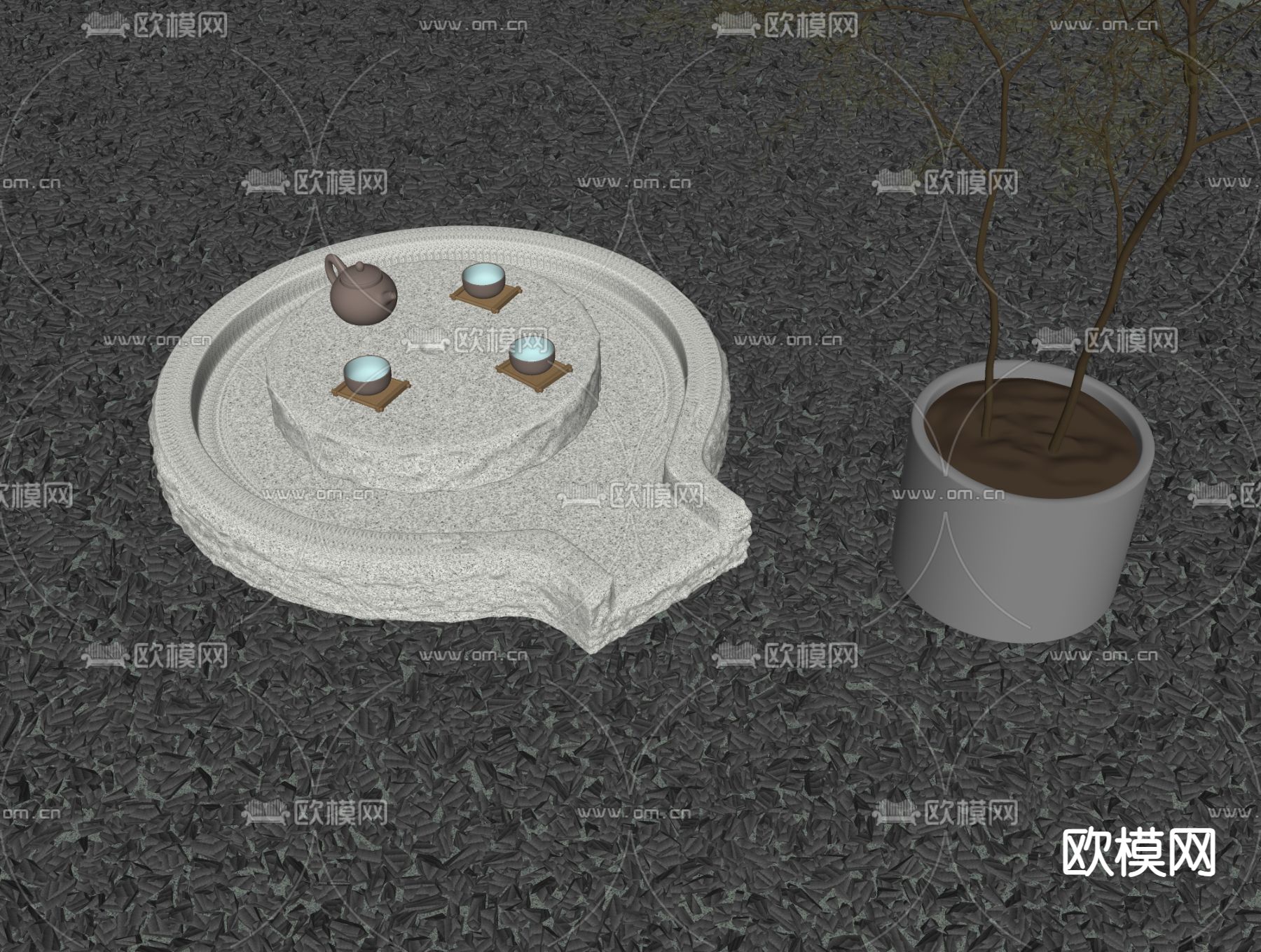 新中式园林小景 石磨茶台su模型