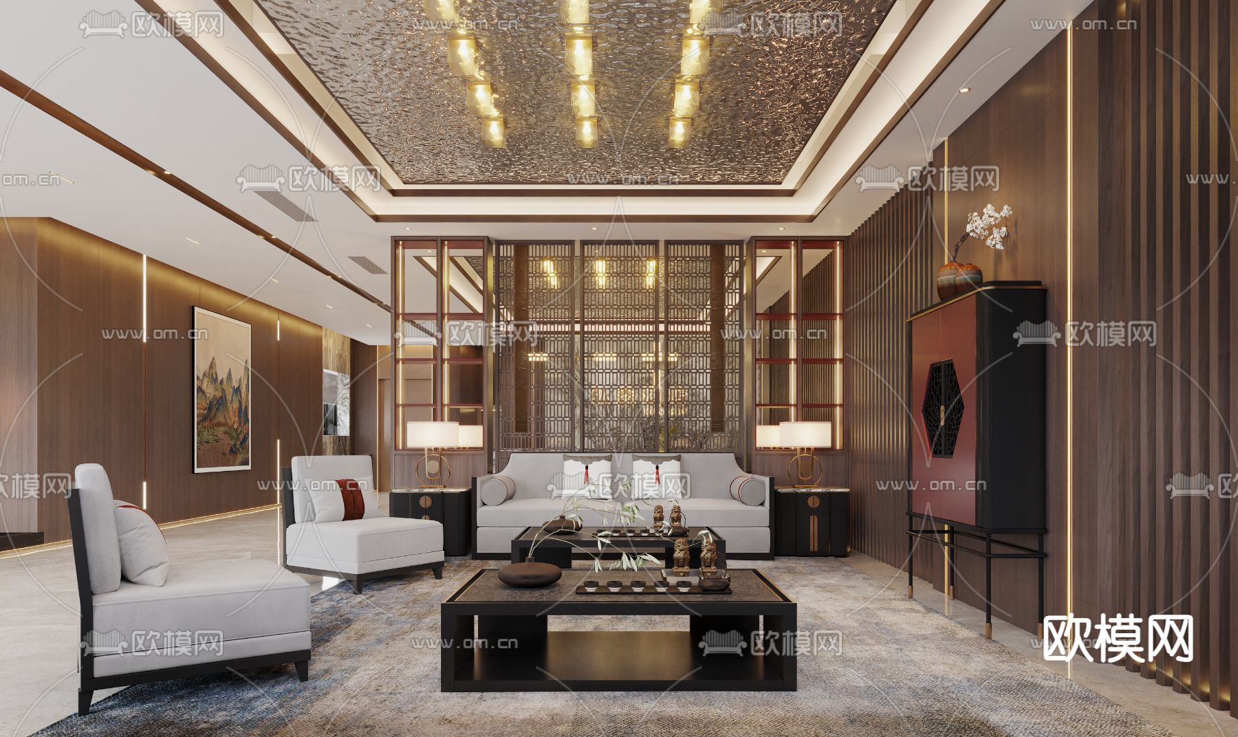 新中式酒店大堂 接待区3d模型下载（渲染图1）
