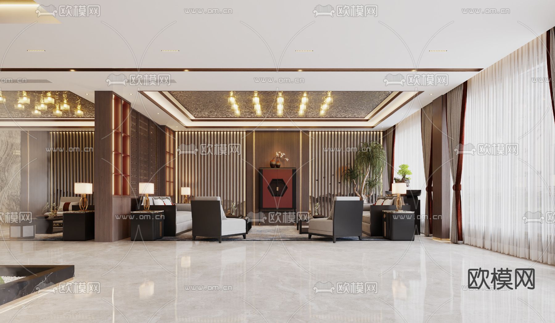 新中式酒店大堂 接待区3d模型下载（渲染图3）