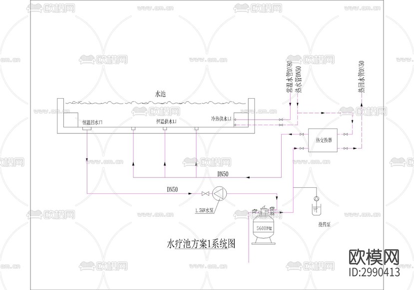 异形游泳池cad施工图下载(渲染图5)