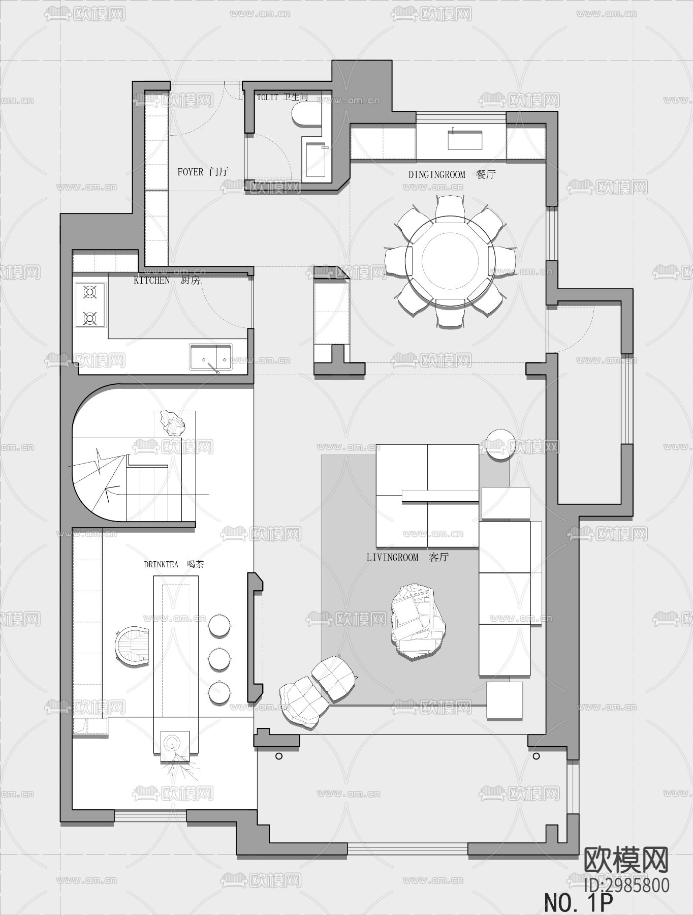 267㎡三层别墅cad平面图下载（渲染图1）
