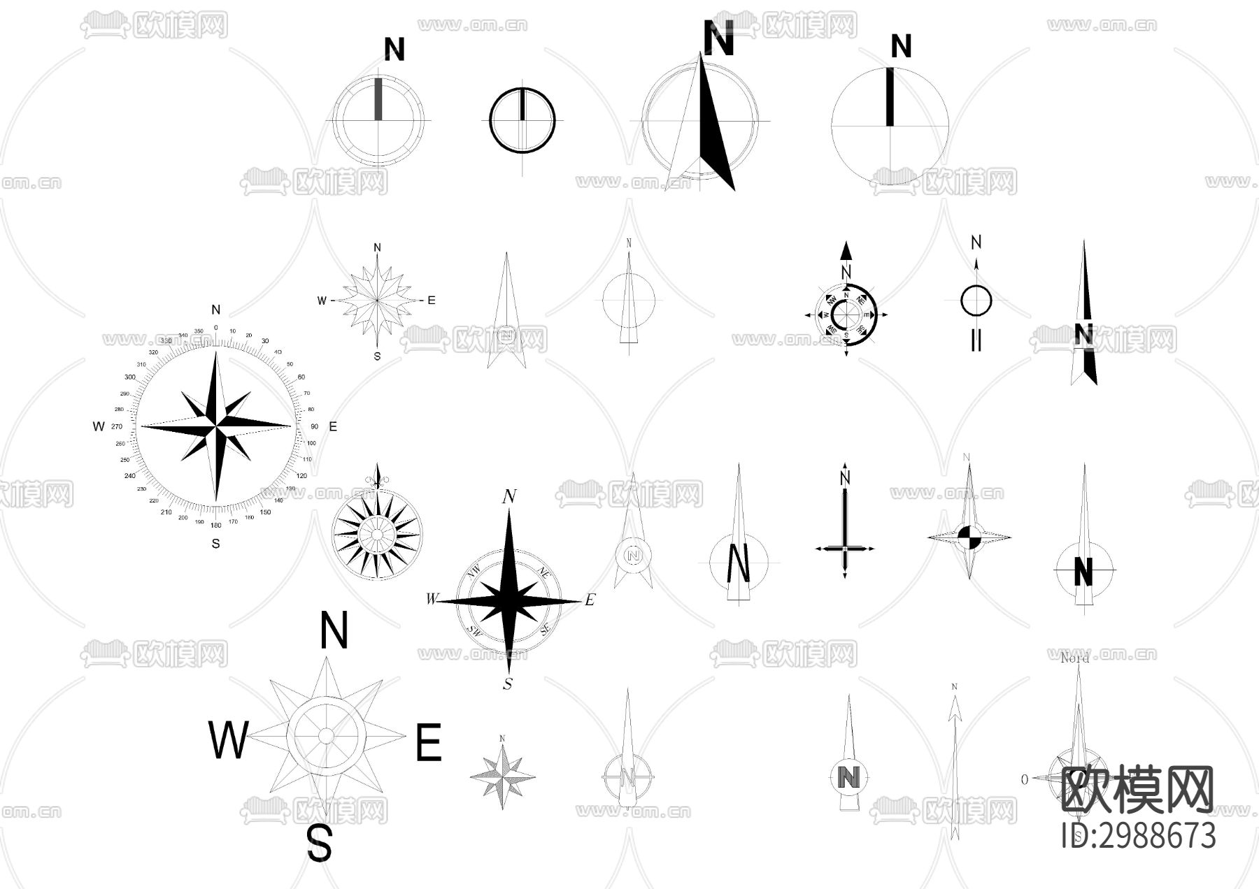 指北针风向标cad图库下载（渲染图4）
