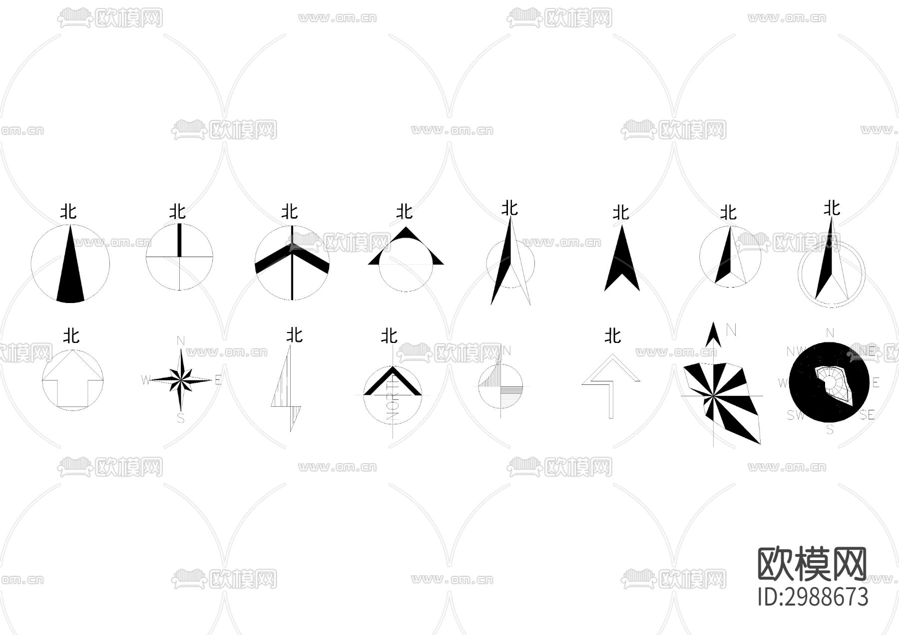 指北针风向标cad图库下载（渲染图6）