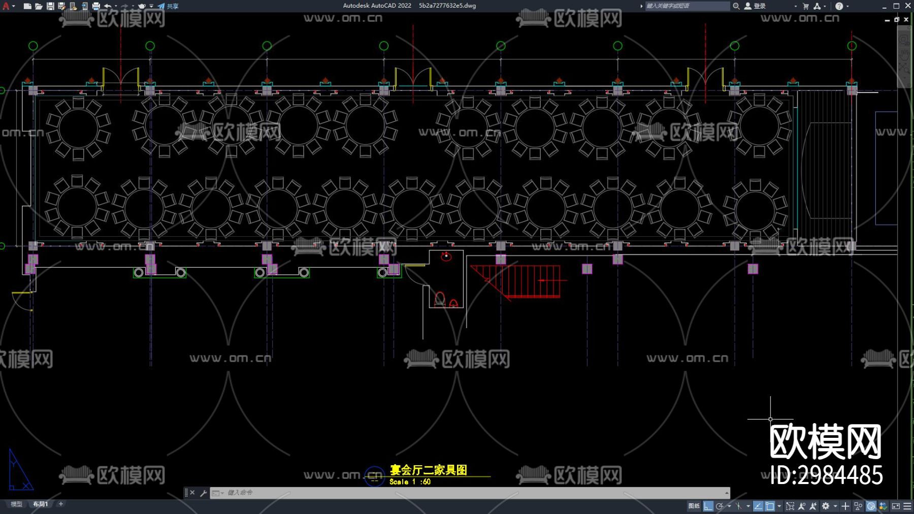 宴会厅cad平面图下载（渲染图1）