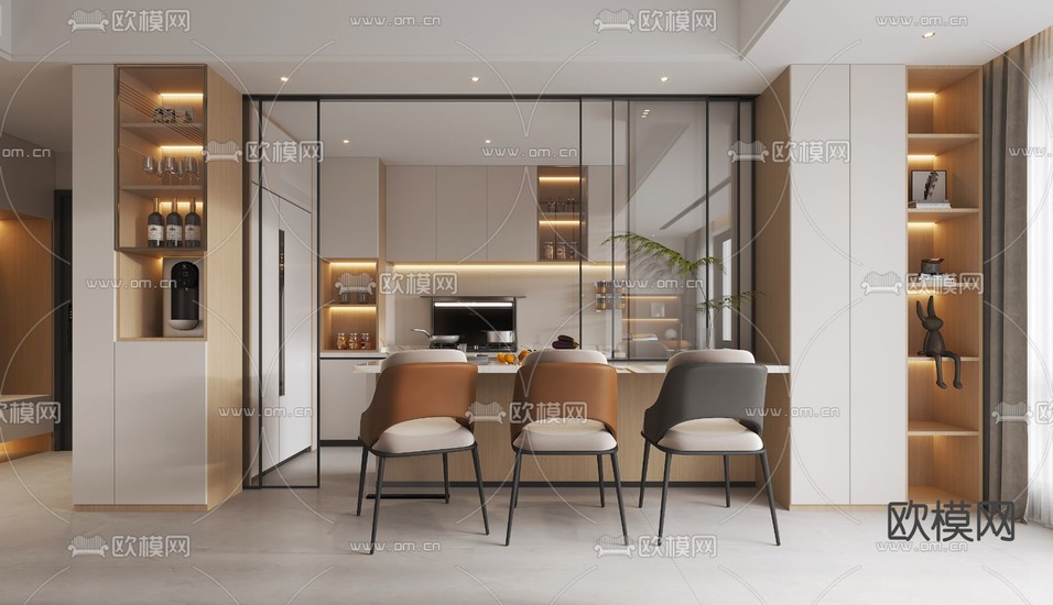 现代客厅 餐厅3d模型下载(渲染图3)