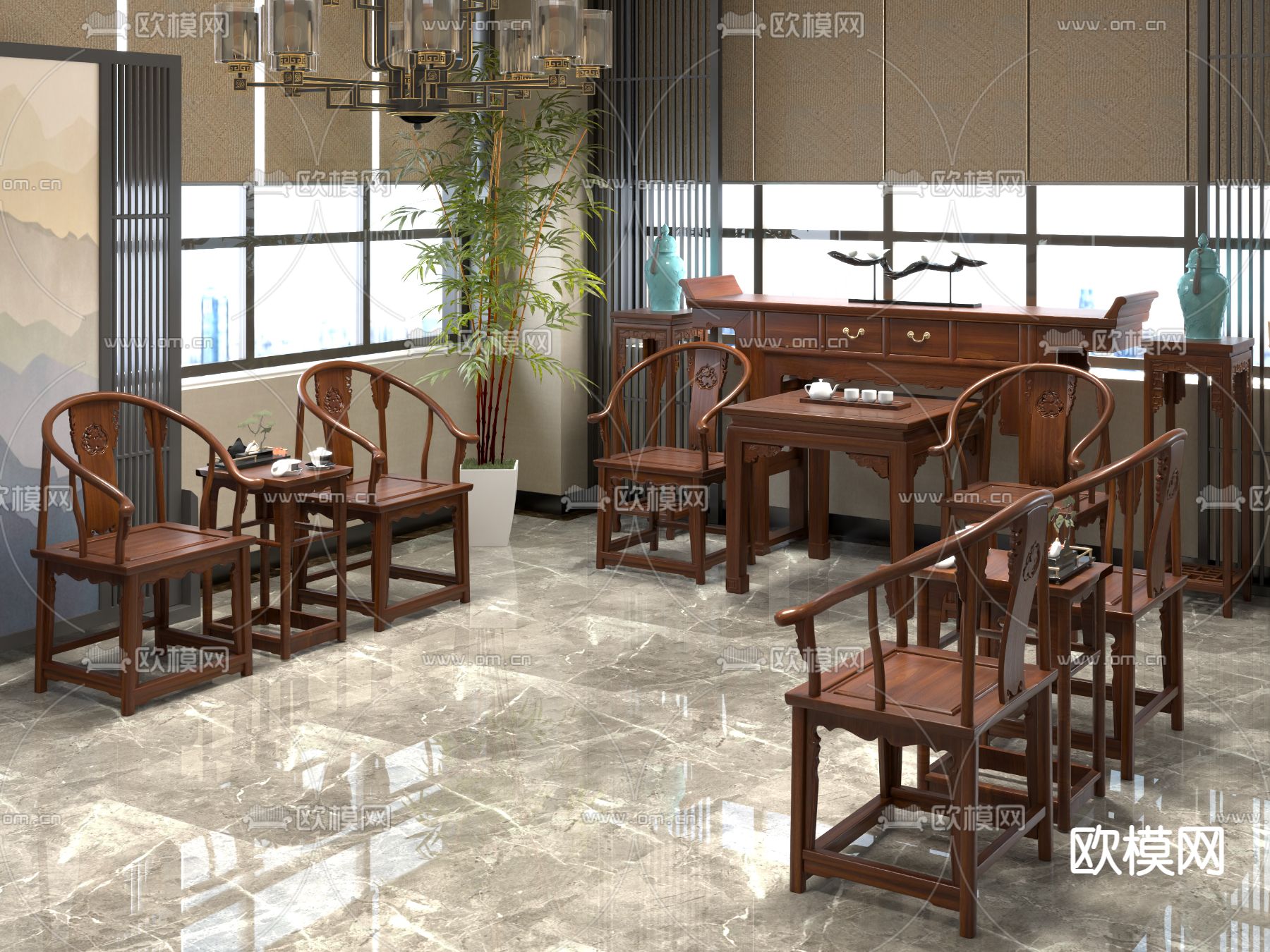 中式休息室 洽谈室3d模型下载（渲染图3）