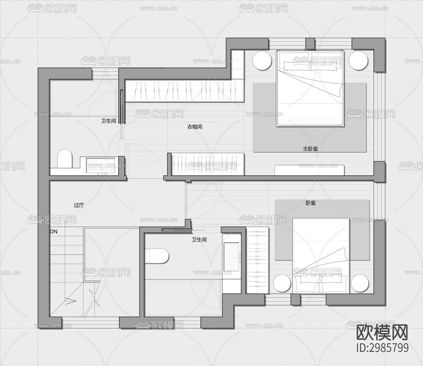 255㎡三层联排别墅cad平面图下载（渲染图3）