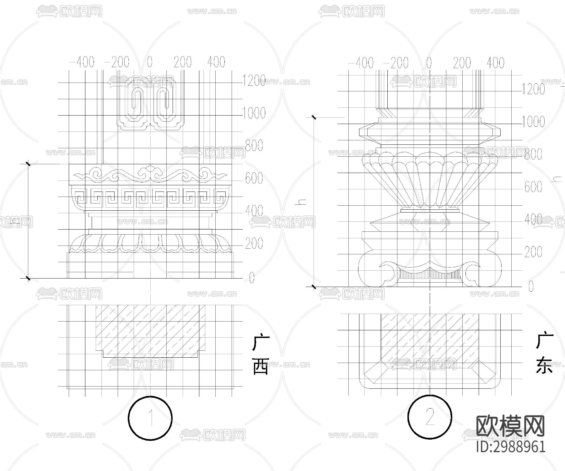 24种中国传统柱础样式cad大样图下载（渲染图2）