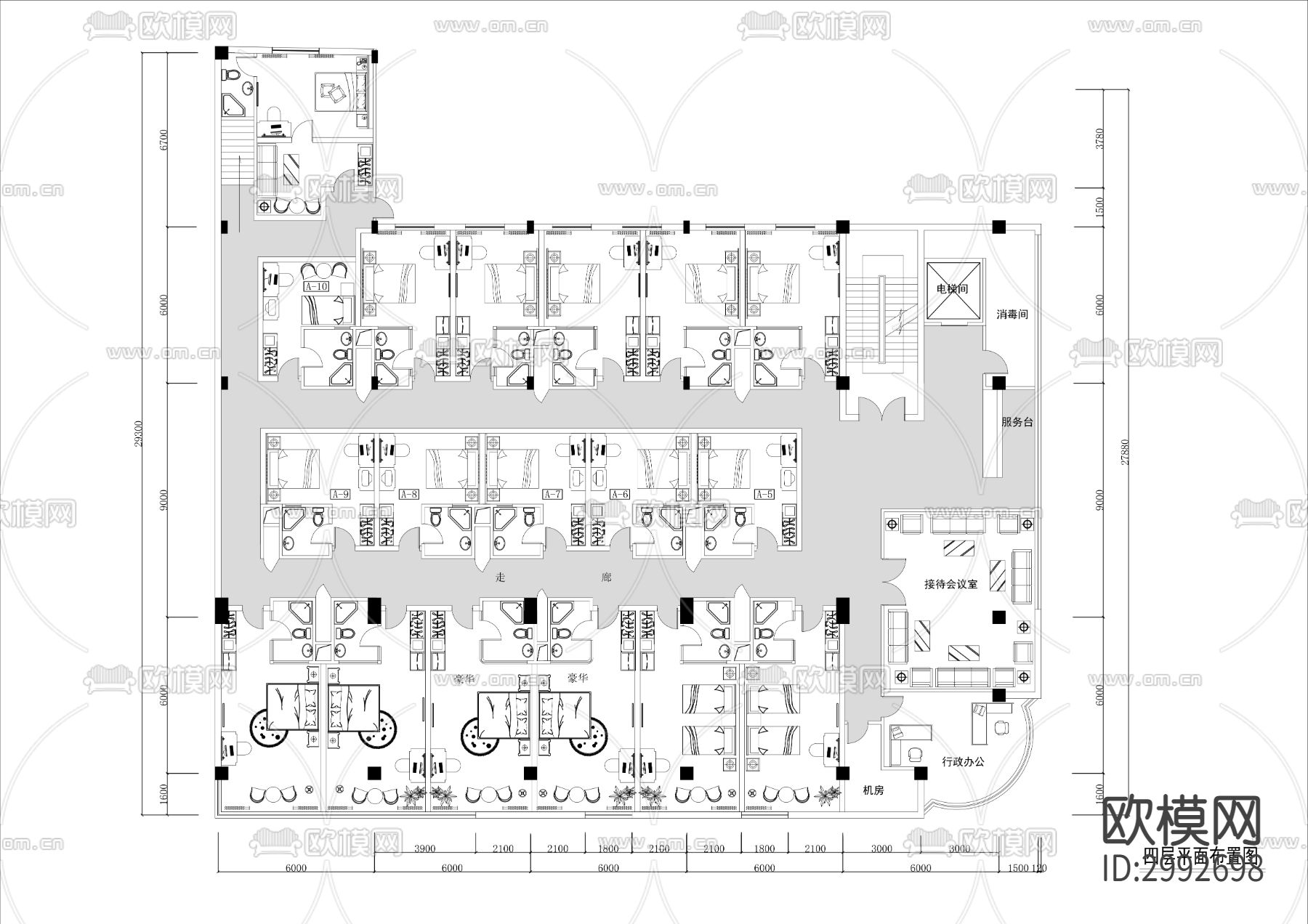 两层旅馆客房cad平面图下载（渲染图1）