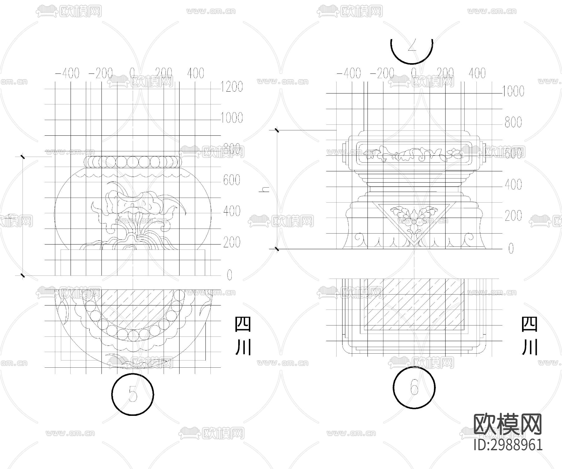 24种中国传统柱础样式cad大样图下载（渲染图1）