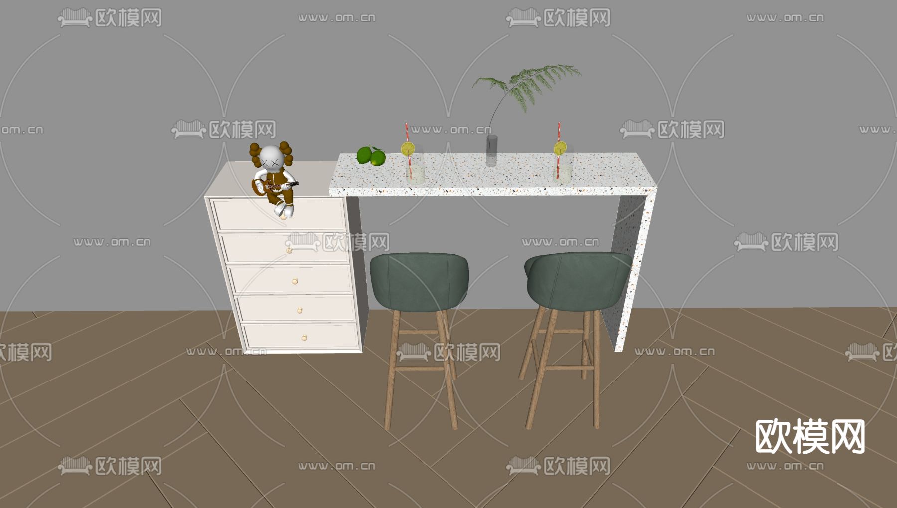 奶油风吧台吧椅柜su模型下载（渲染图1）
