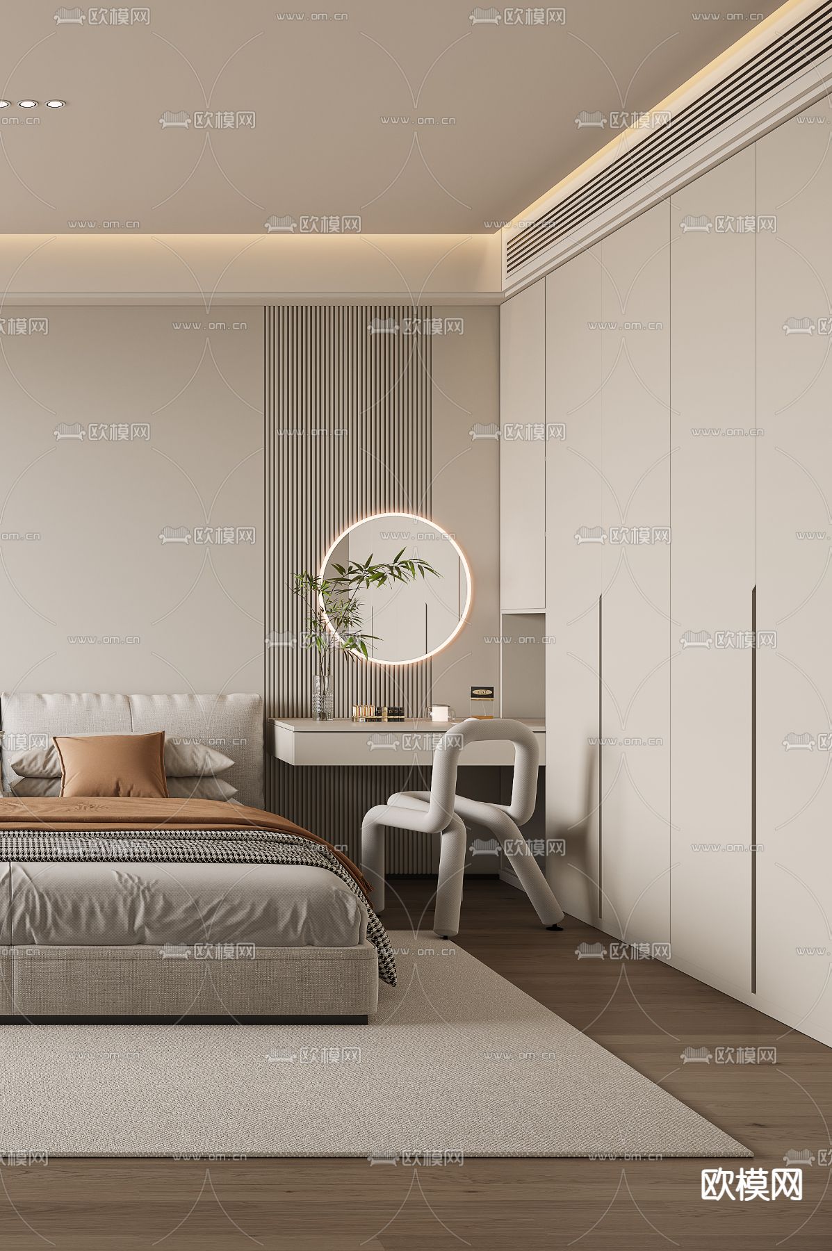 奶油风卧室 主卧 主人房3d模型下载（渲染图2）