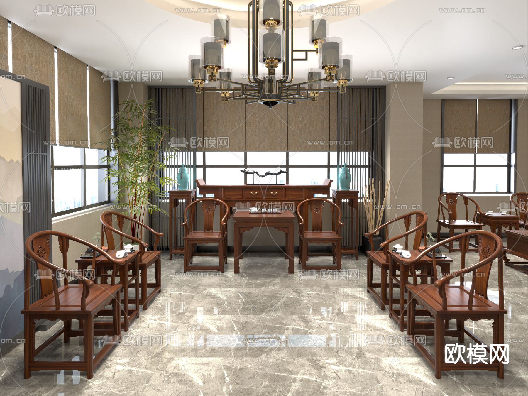 中式休息室 洽谈室3d模型下载（渲染图1）