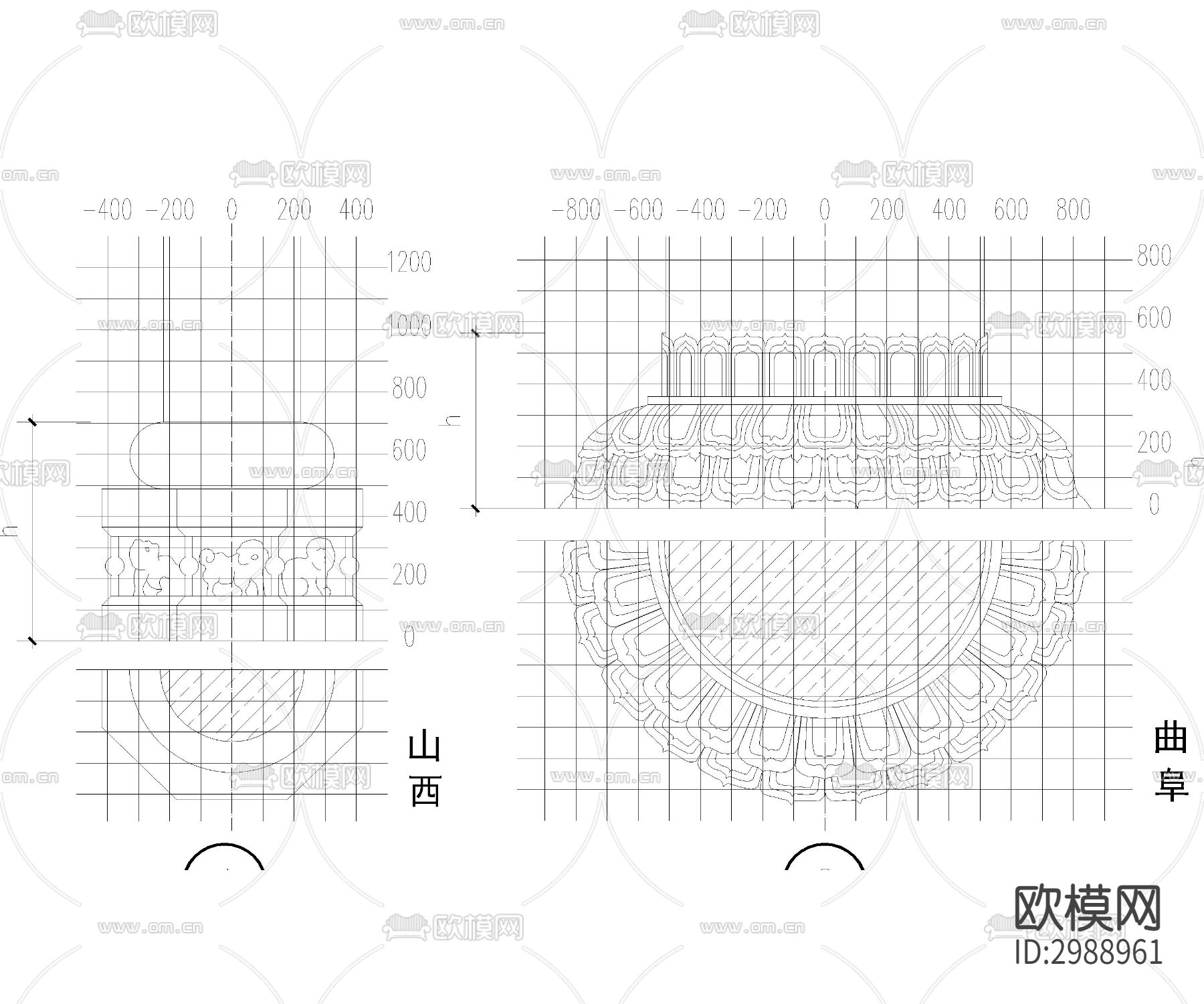 24种中国传统柱础样式cad大样图下载（渲染图4）