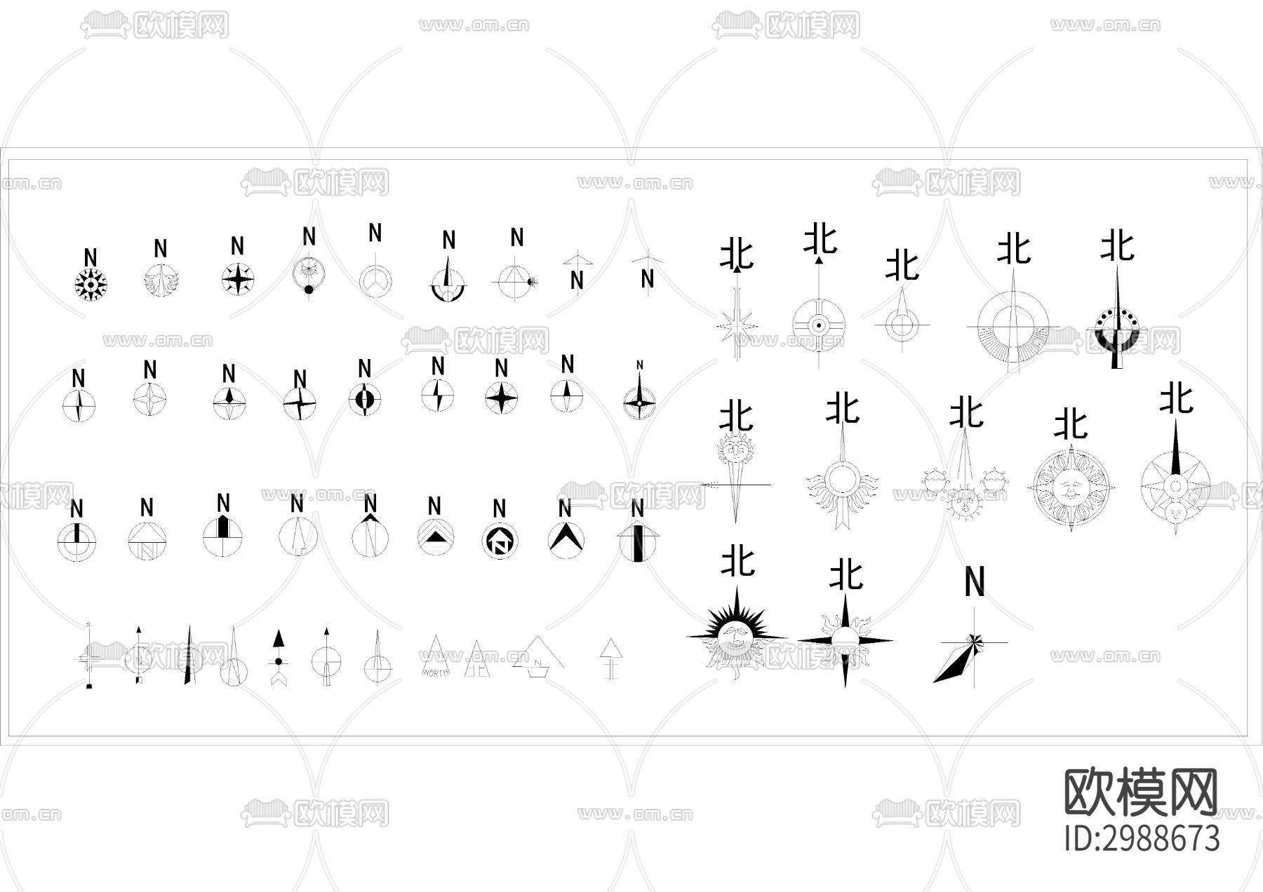 指北针风向标cad图库下载（渲染图1）