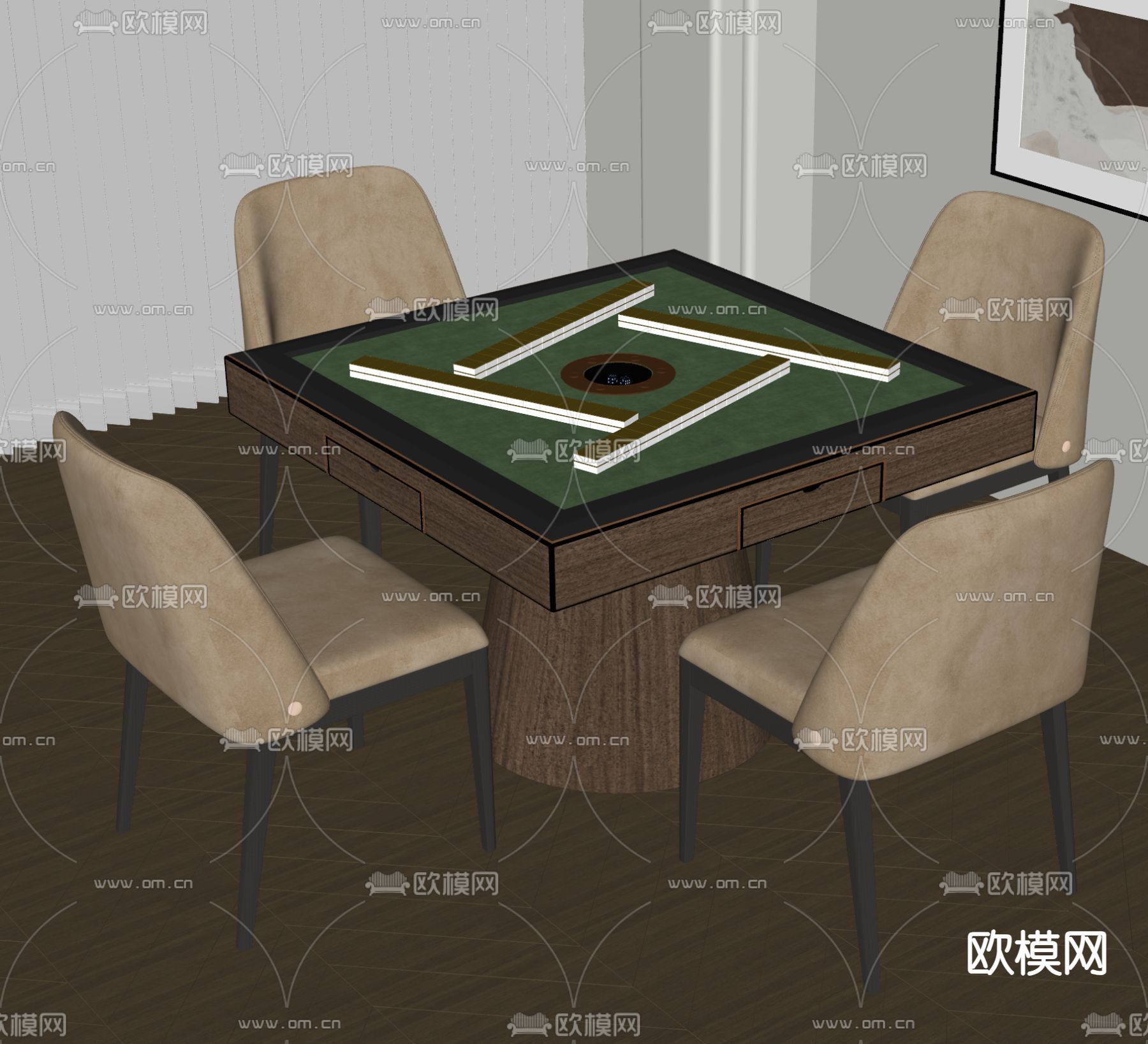 现代麻将桌 棋牌桌su模型下载（渲染图1）