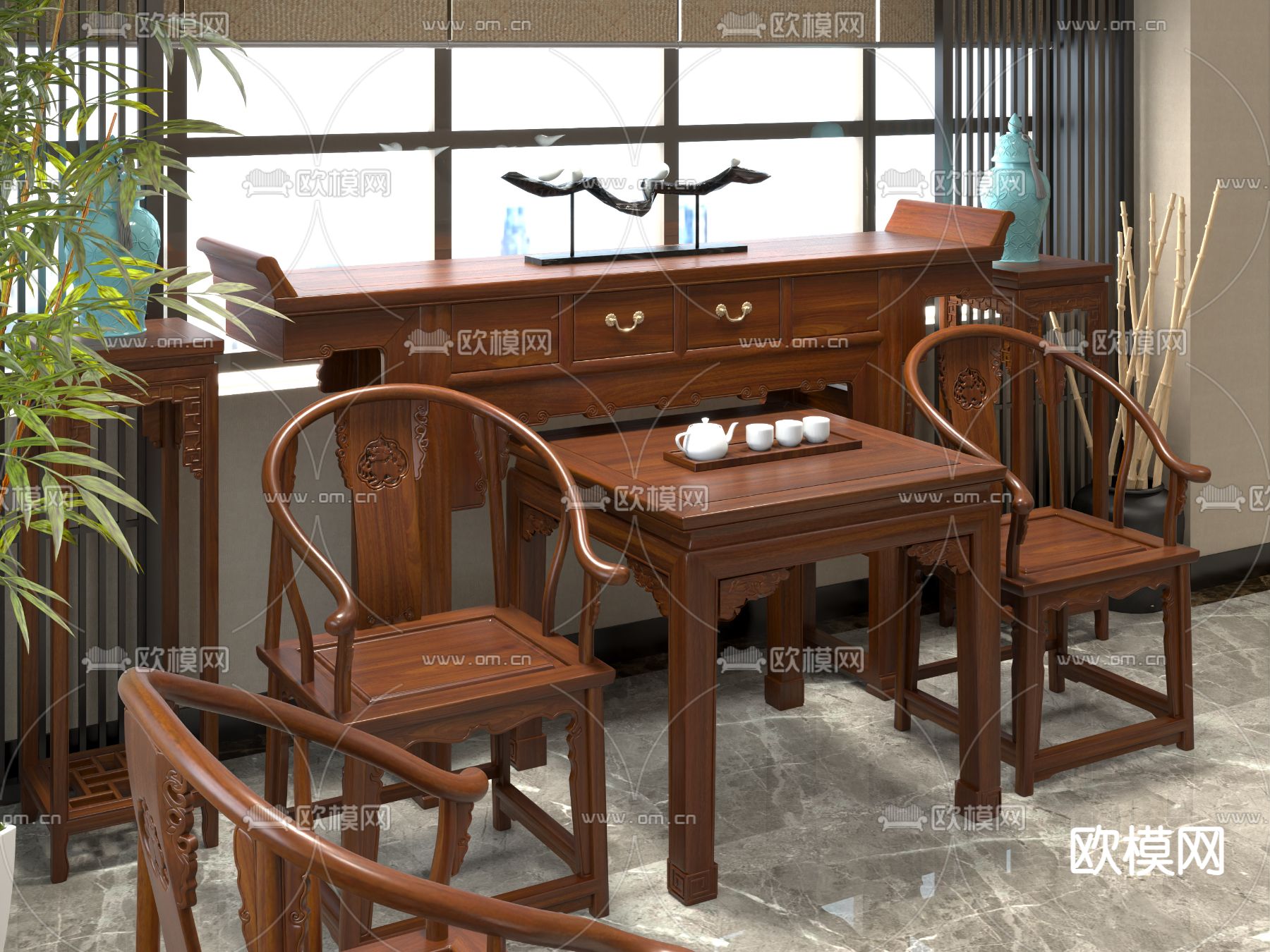 中式休息室 洽谈室3d模型下载（渲染图2）