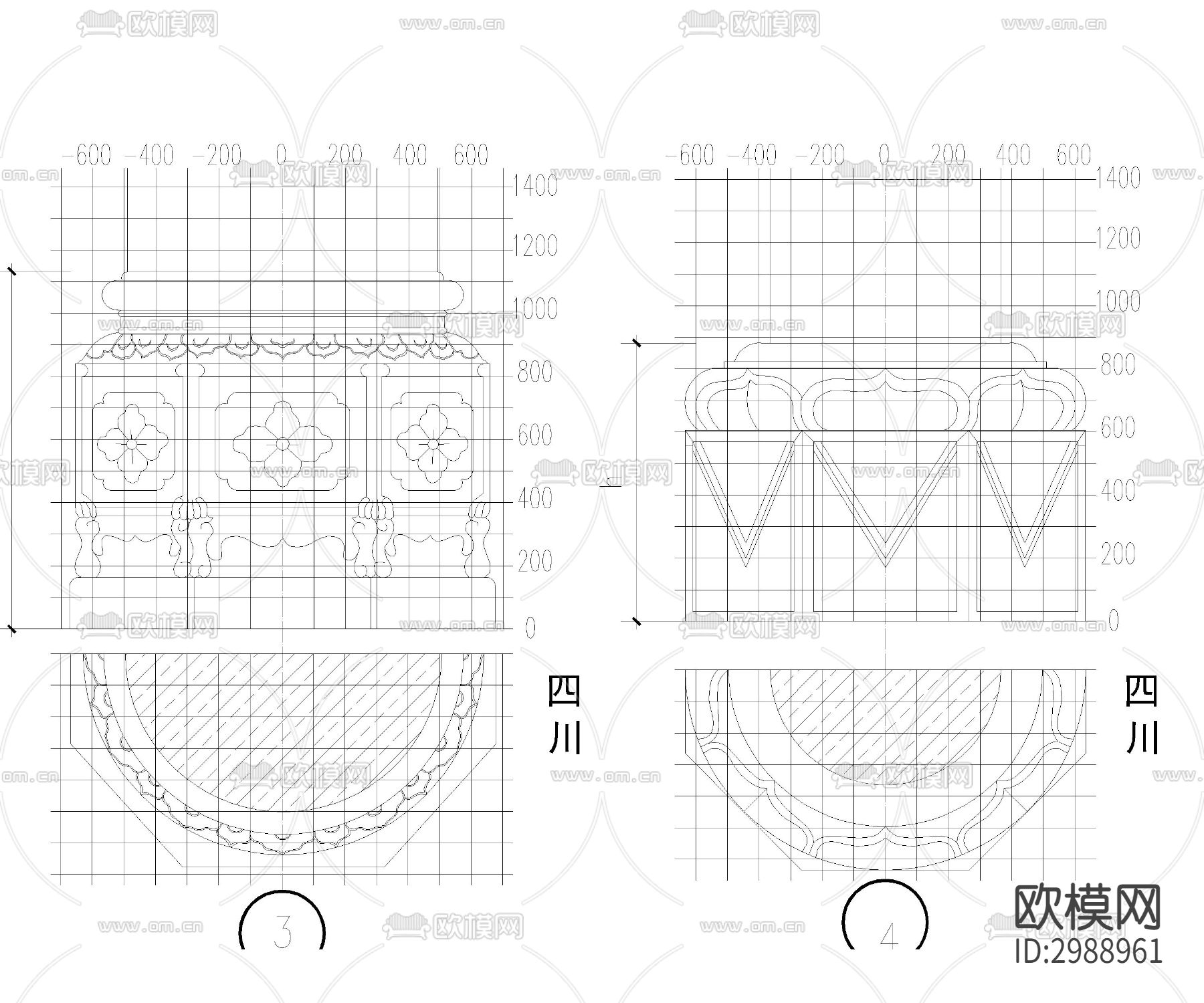 24种中国传统柱础样式cad大样图下载（渲染图3）