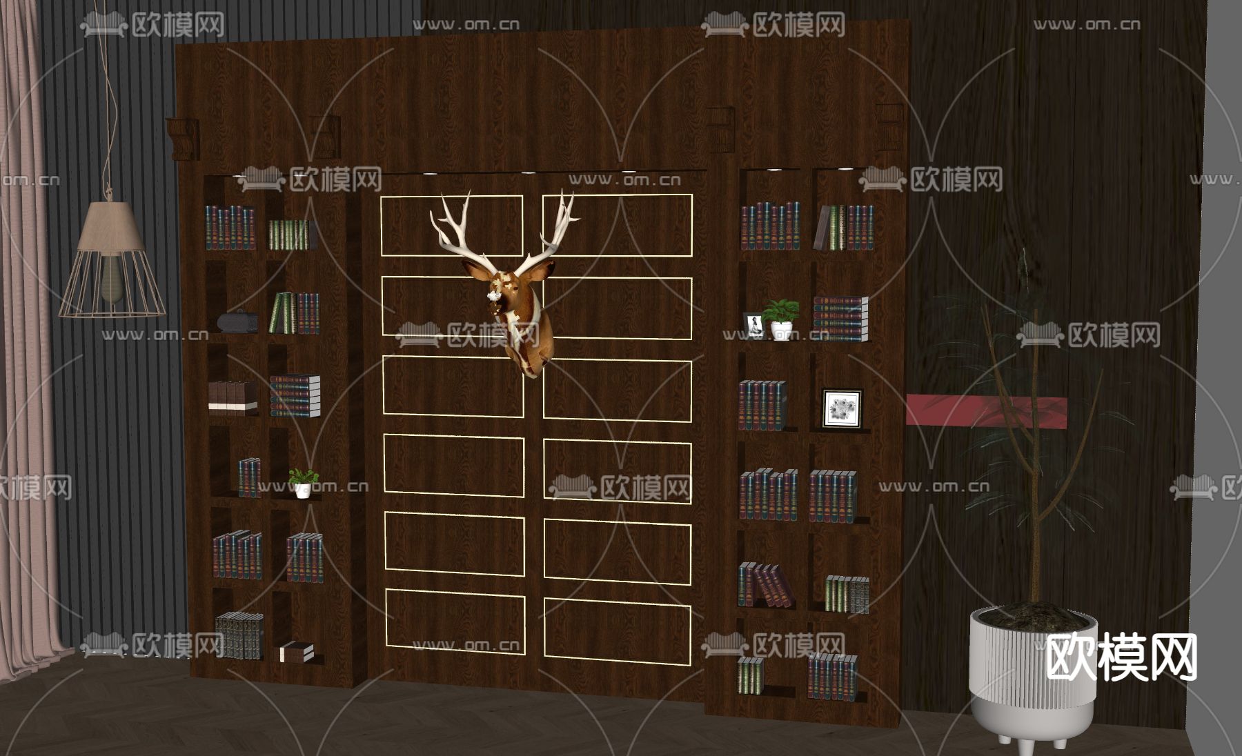 美式书柜 背景墙su模型下载（渲染图2）