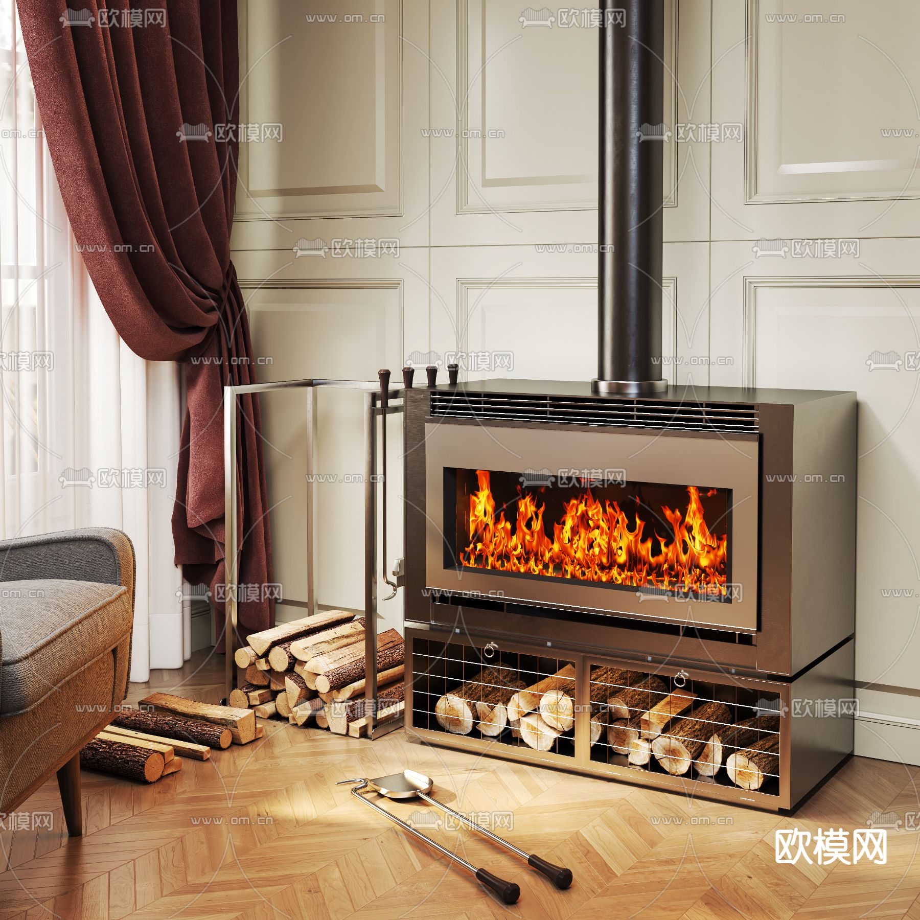 壁炉 柴火 火焰3d模型下载（渲染图1）