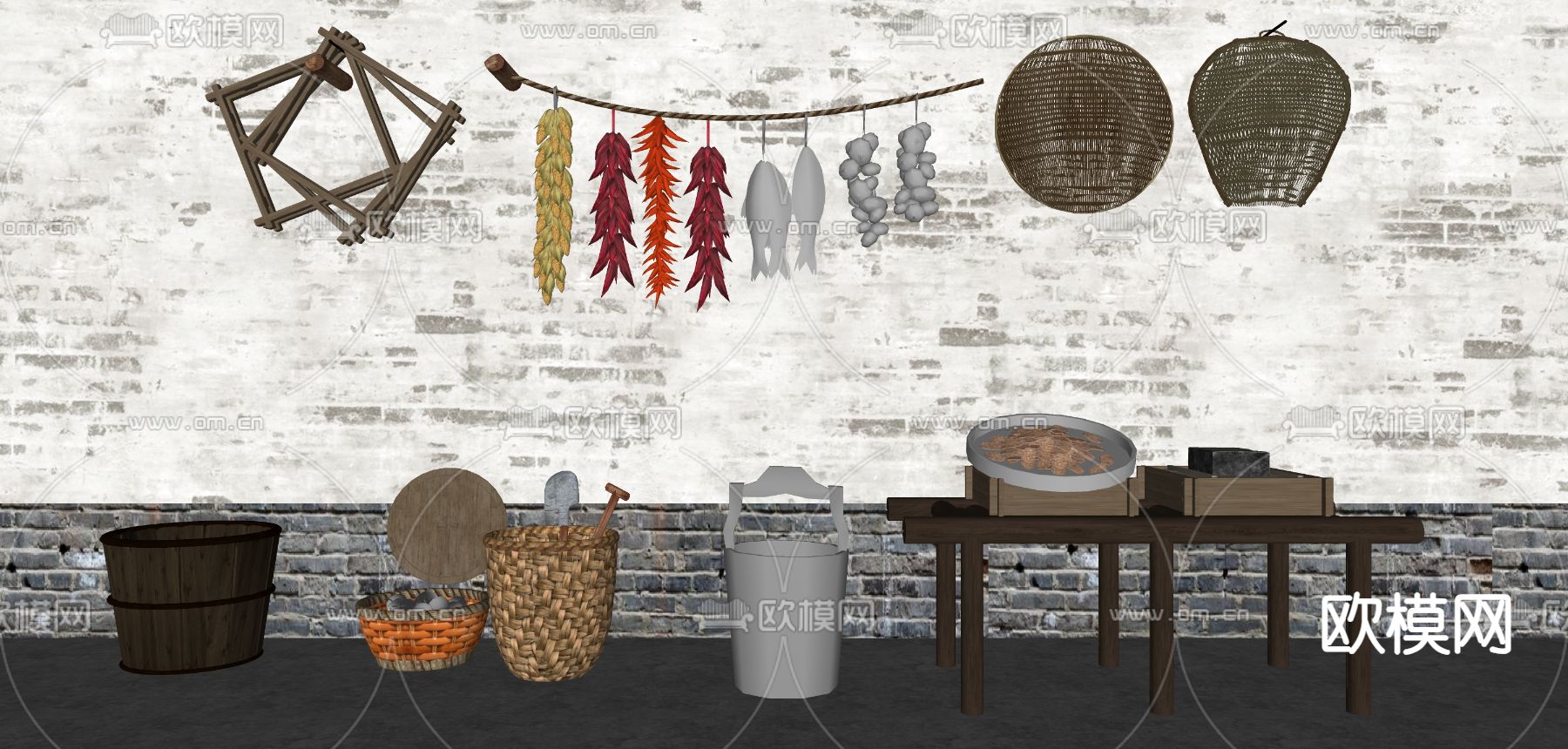 乡村农耕小品 农家摆件su模型下载（渲染图2）