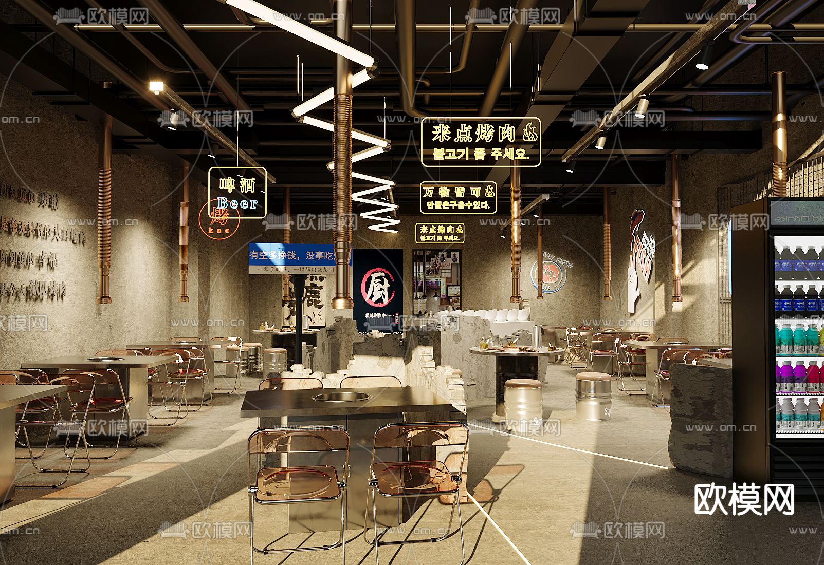 工业风火锅店 烧烤店su模型下载（渲染图2）