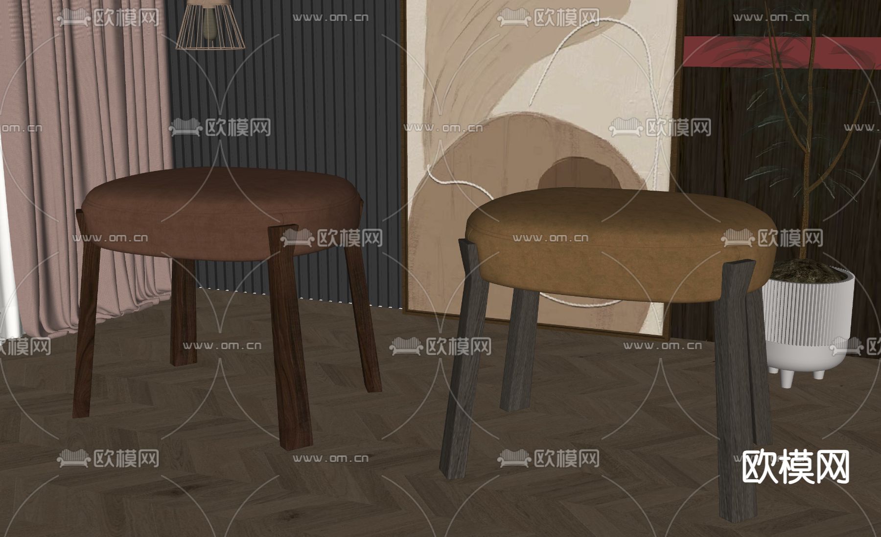 美式沙发凳 凳子 木凳su模型下载（渲染图2）
