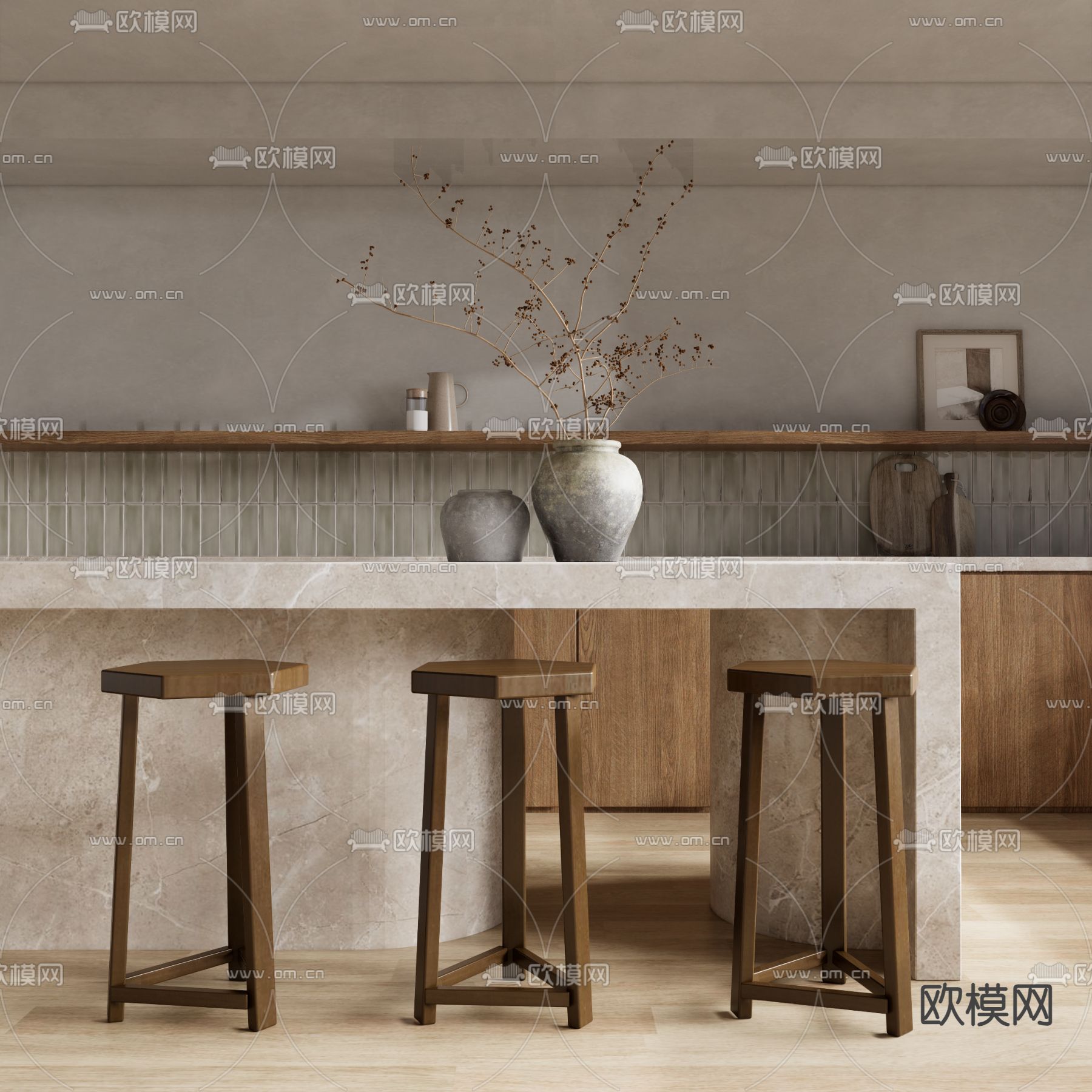 侘寂风吧台 吧凳su模型下载（渲染图1）