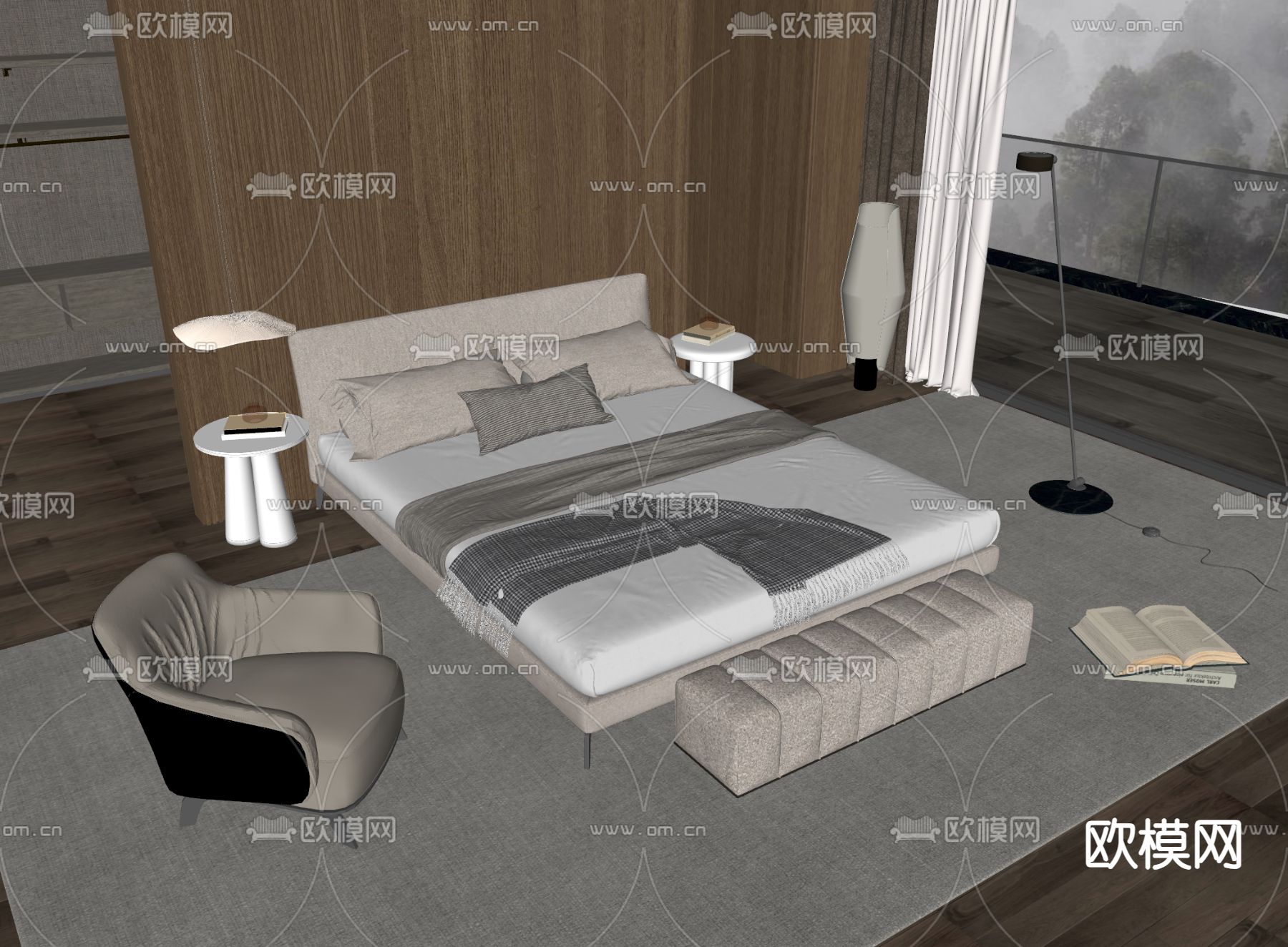 Minotti 双人床su模型下载（渲染图1）