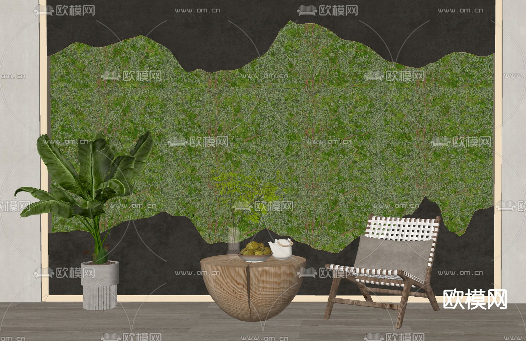 新中式植物墙 绿植墙 苔藓墙su模型下载（渲染图2）