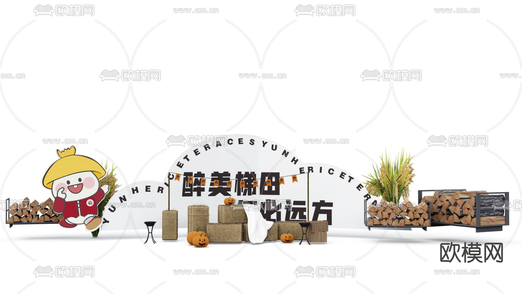 中式乡村小品 农具小品su模型下载（渲染图1）