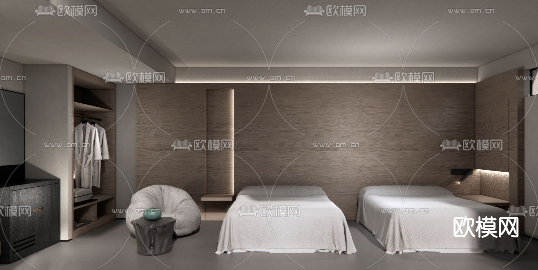 民宿卧室 双人客房su模型下载（渲染图5）