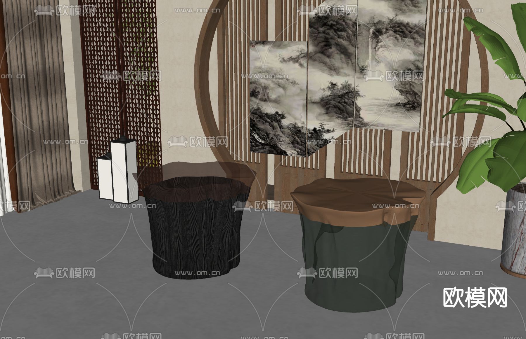 新中式亚克力凳子su模型下载（渲染图1）